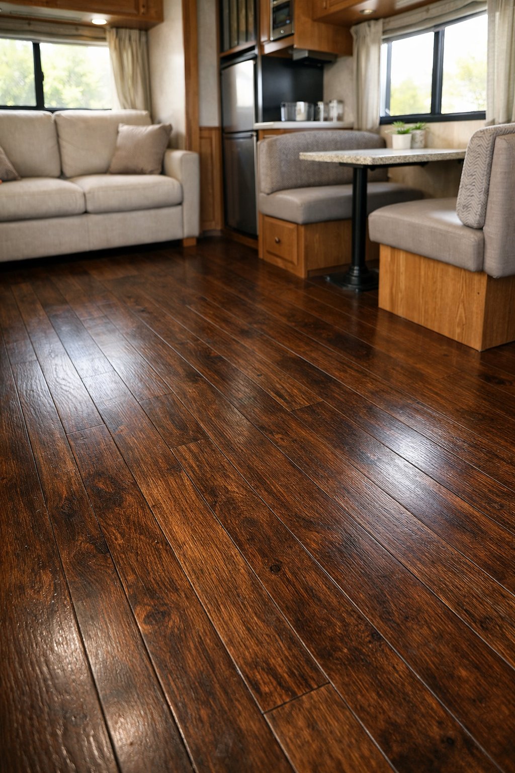 Interior of an RV showing a dark oil-rubbed wood floor with furniture and natural light coming through the windows.