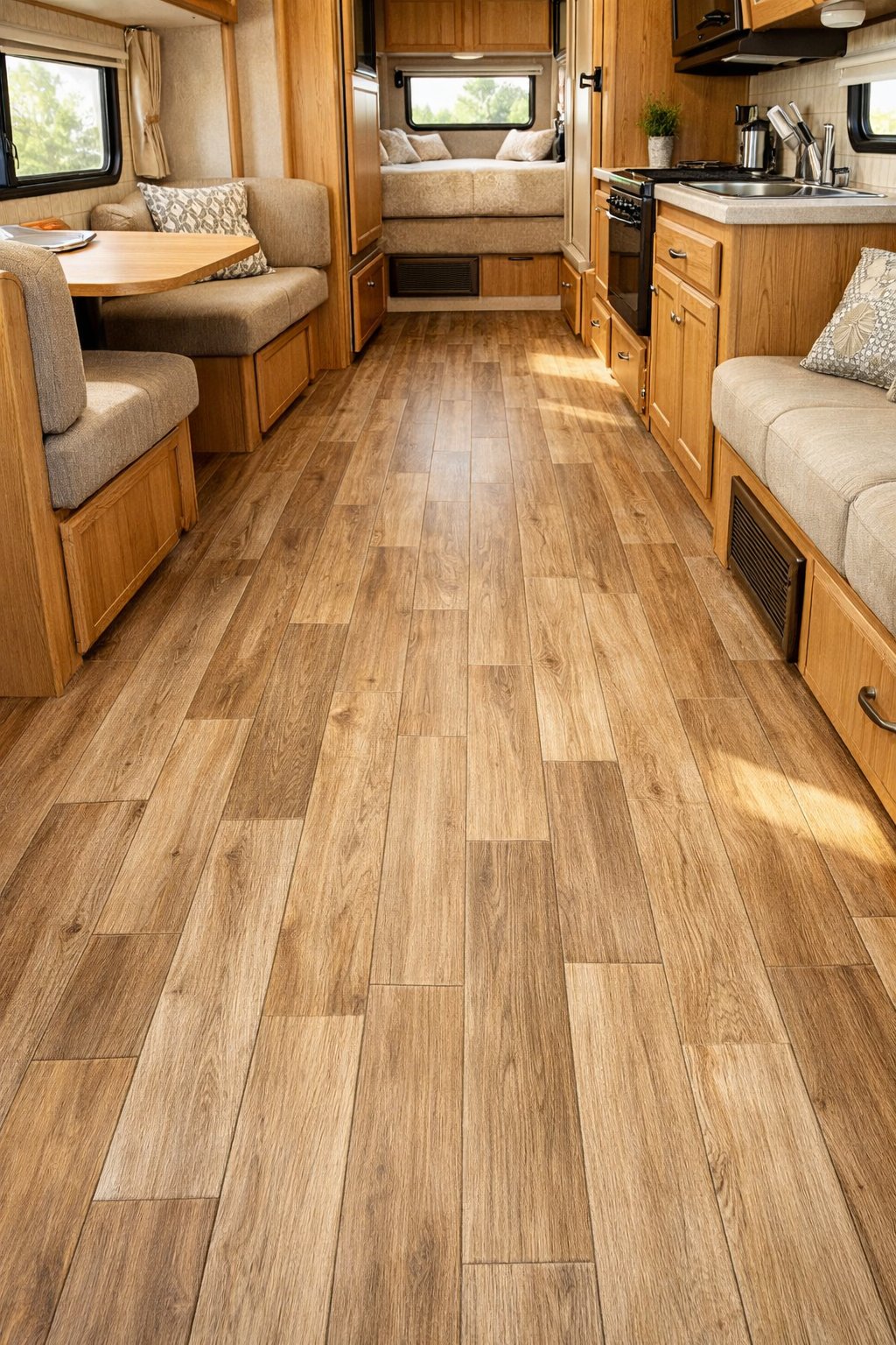 Interior of an RV with new weatherproof vinyl sheet flooring and cozy seating.