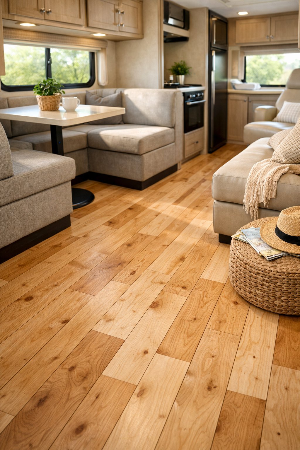 Interior of an RV with a newly installed plywood plank floor and a cozy seating area illuminated by natural light.