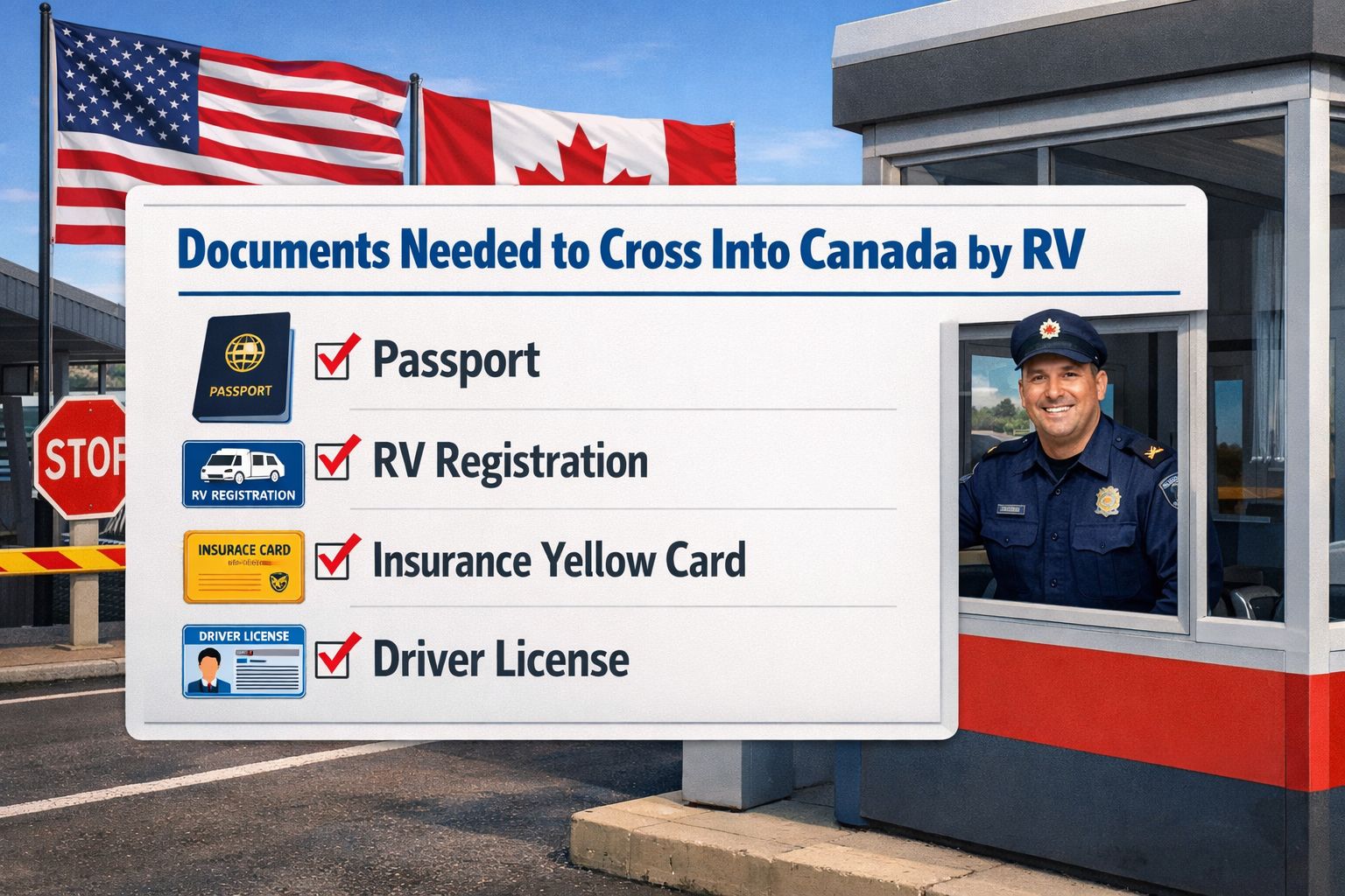 Detailed () informational infographic-style image showing a checklist titled 'Documents Needed to Cross Into Canada by RV'