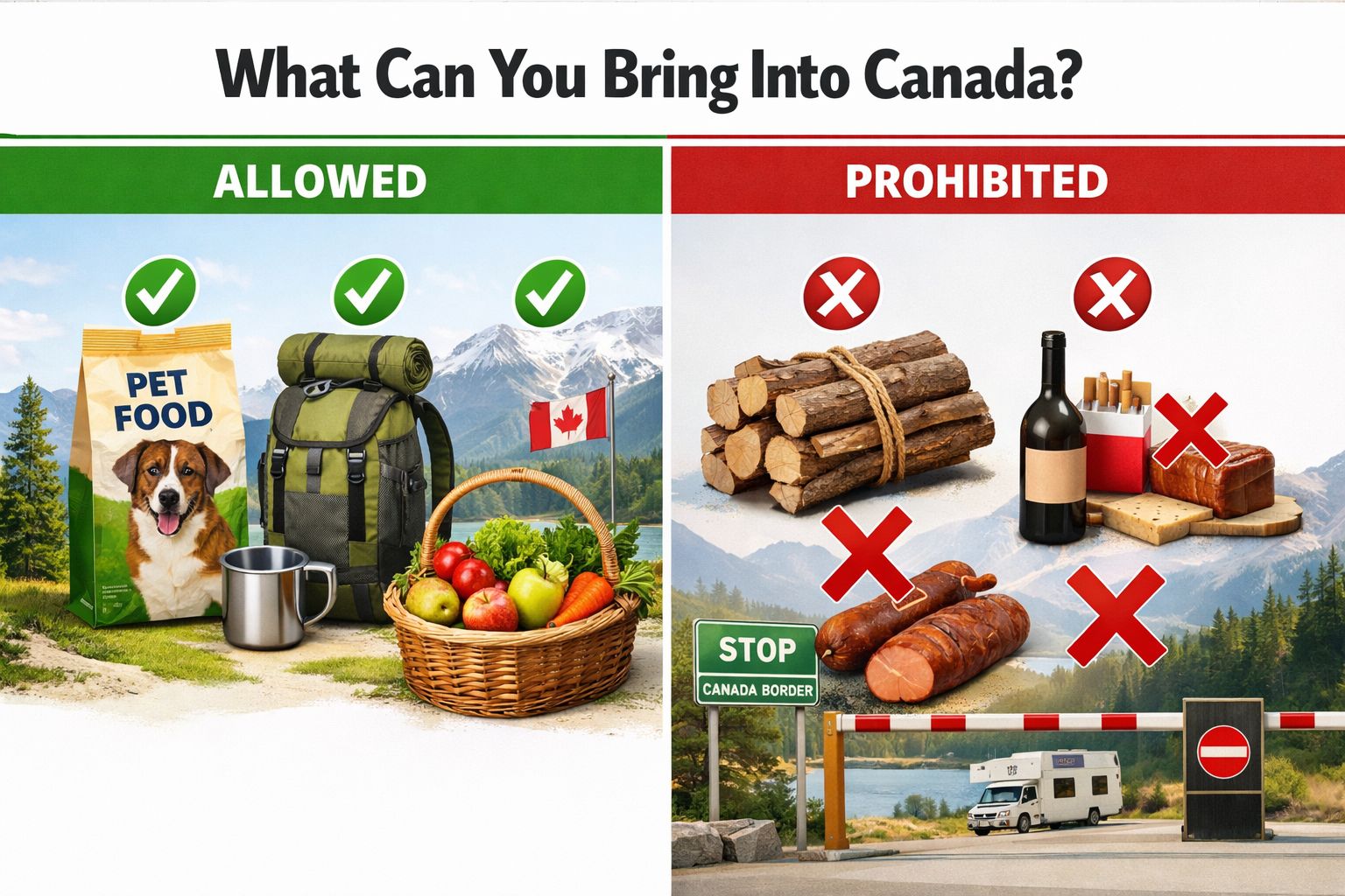 Detailed () split-scene image showing two contrasting panels: left panel shows ALLOWED items entering Canada including pet