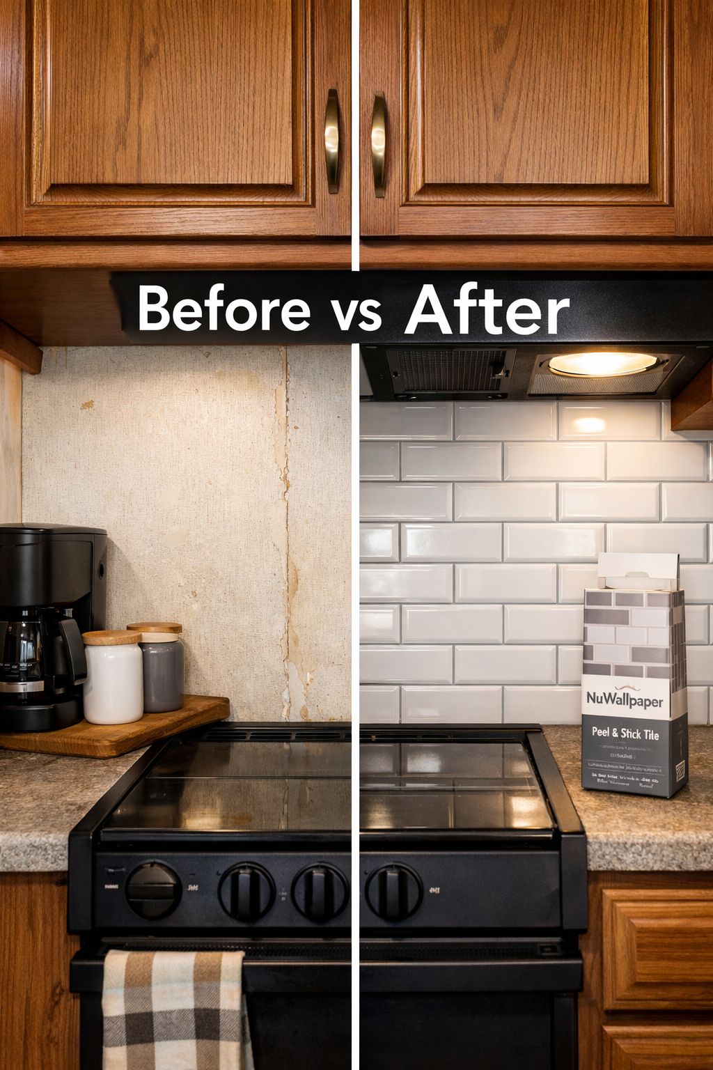 () Pinterest-style editorial image showing a side-by-side before-and-after split composition of an RV kitchen backsplash
