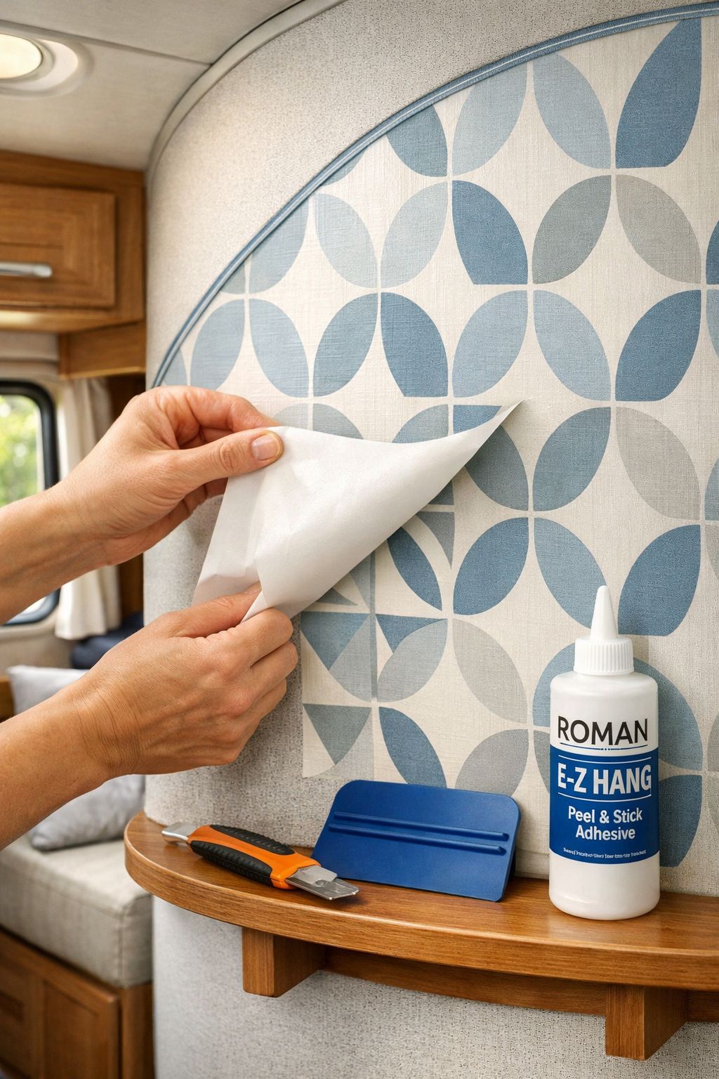 () Pinterest-style editorial image showing close-up hands carefully applying peel-and-stick wallpaper to an RV interior