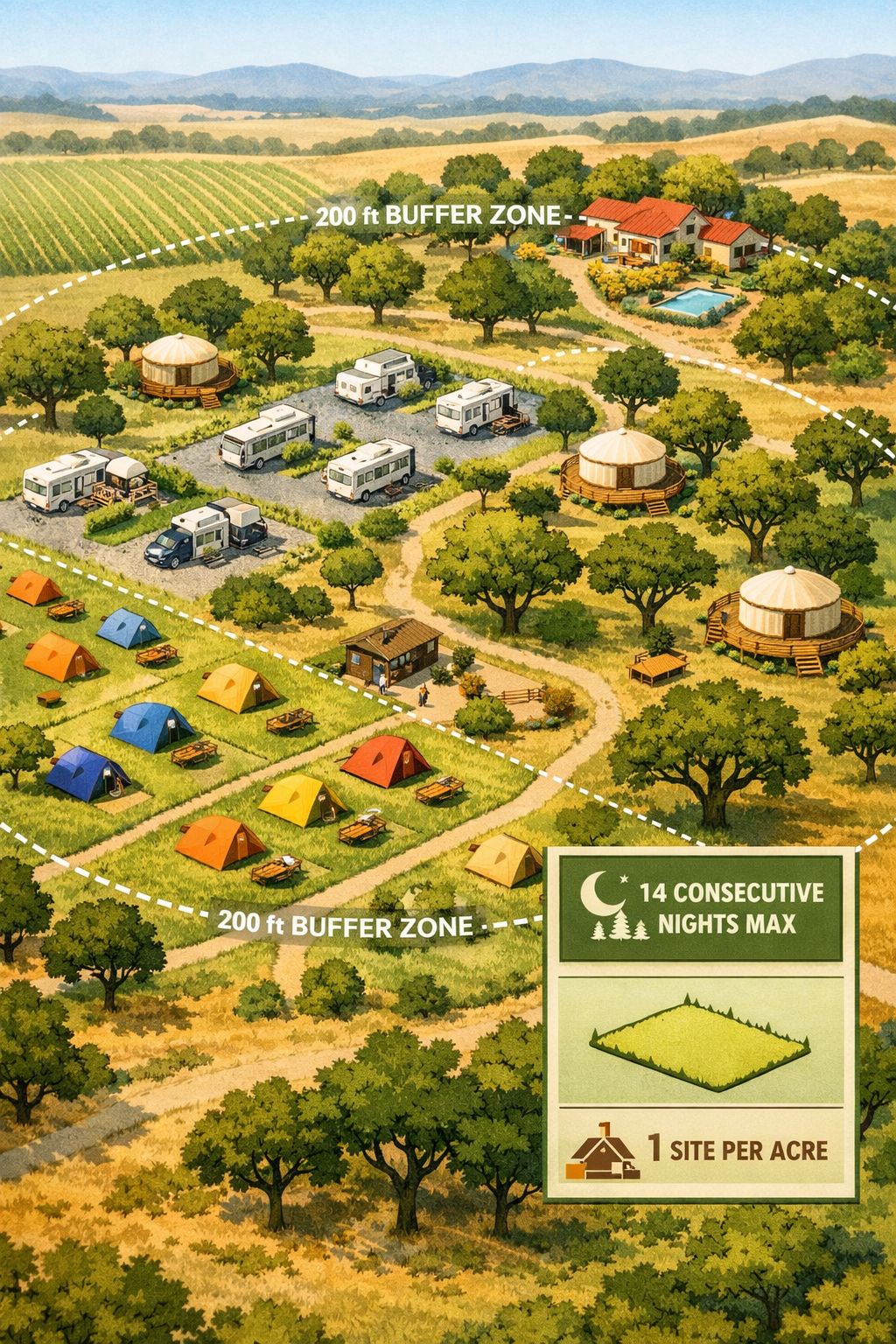 Portrait/Pinterest format () aerial-perspective illustration of a California farm or ranch campground showing a grid of