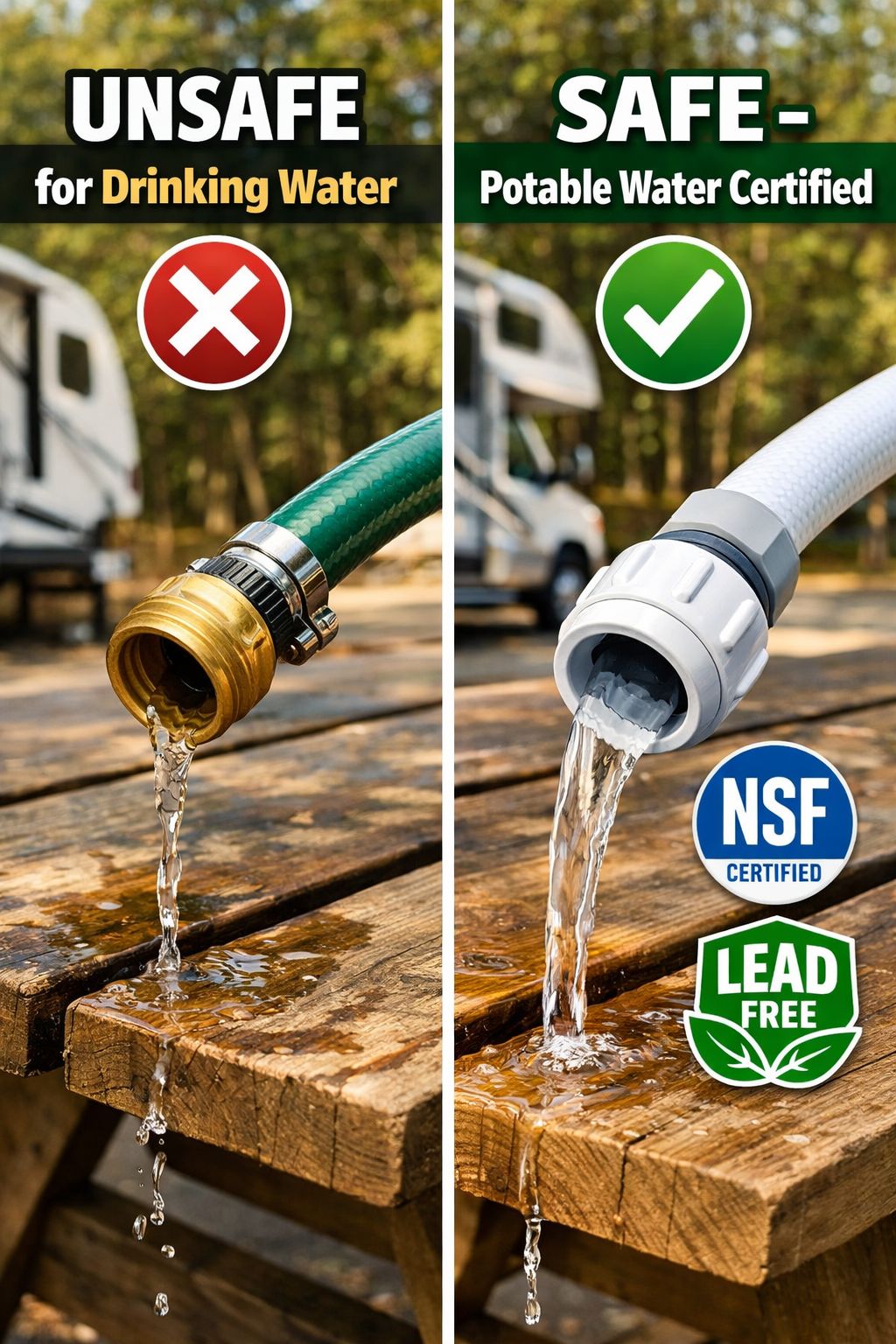 Portrait/Pinterest format () close-up comparison image showing a standard green garden hose on the left labeled 'UNSAFE for