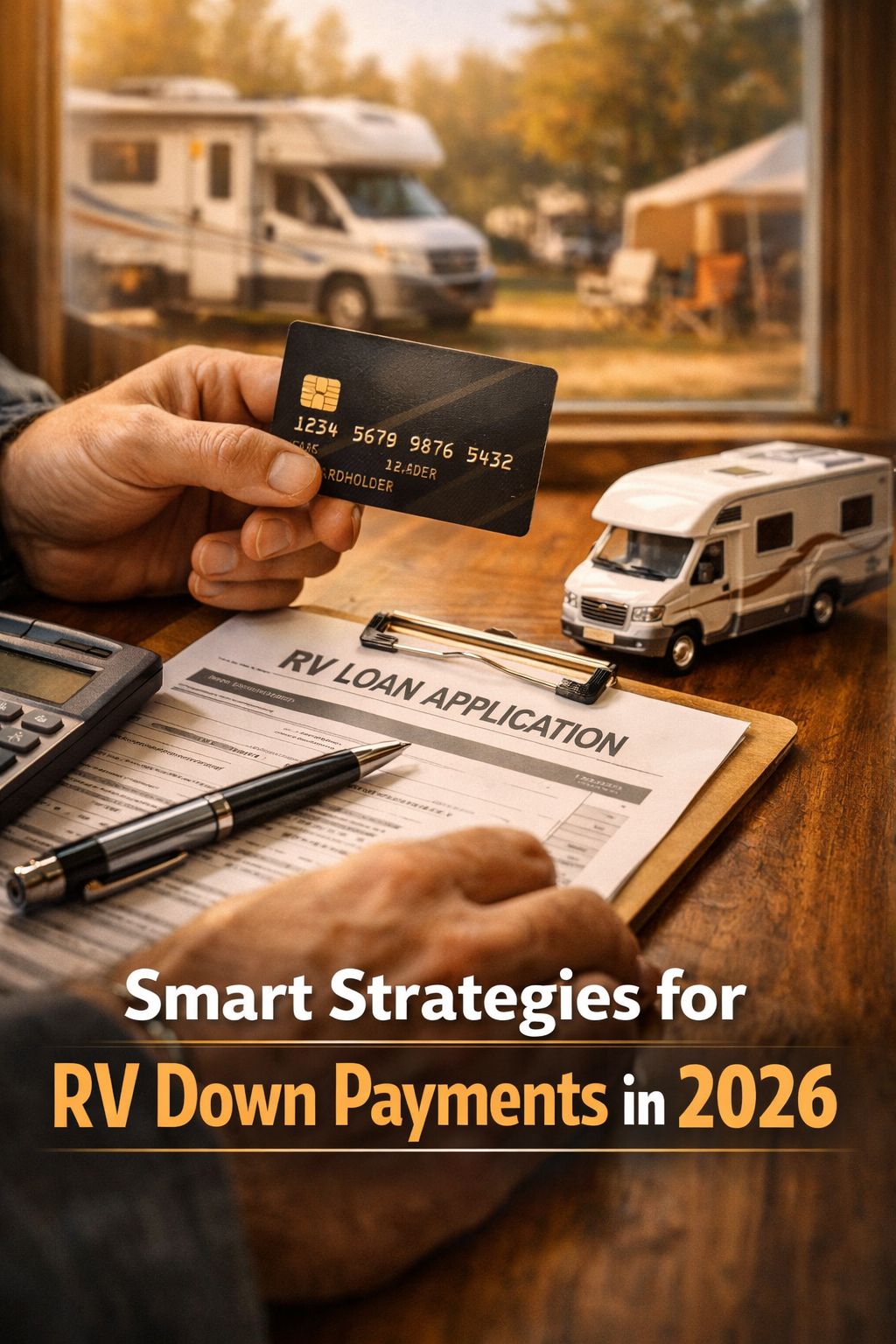 Portrait/Pinterest format () close-up editorial image of a person's hands holding a credit card over an RV loan application