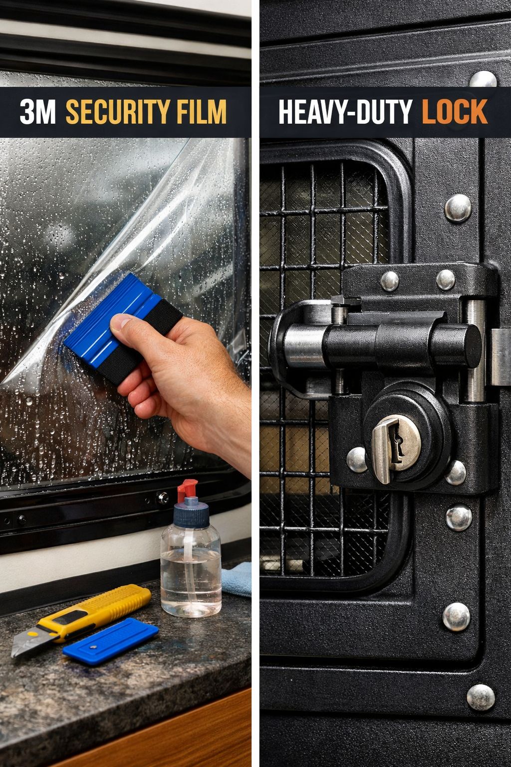 Portrait/Pinterest format () close-up editorial image showing a side-by-side comparison of RV window security methods: left