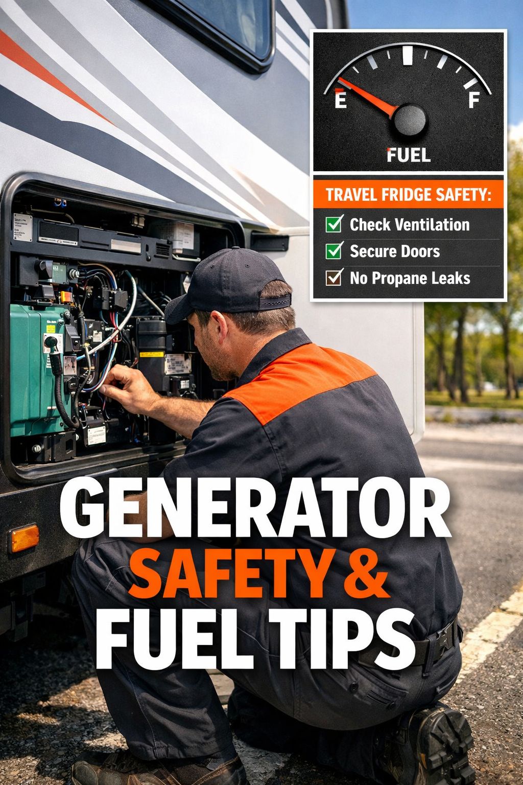 Portrait/Pinterest format () close-up editorial photo of an RV generator compartment open on the side of a motorhome parked