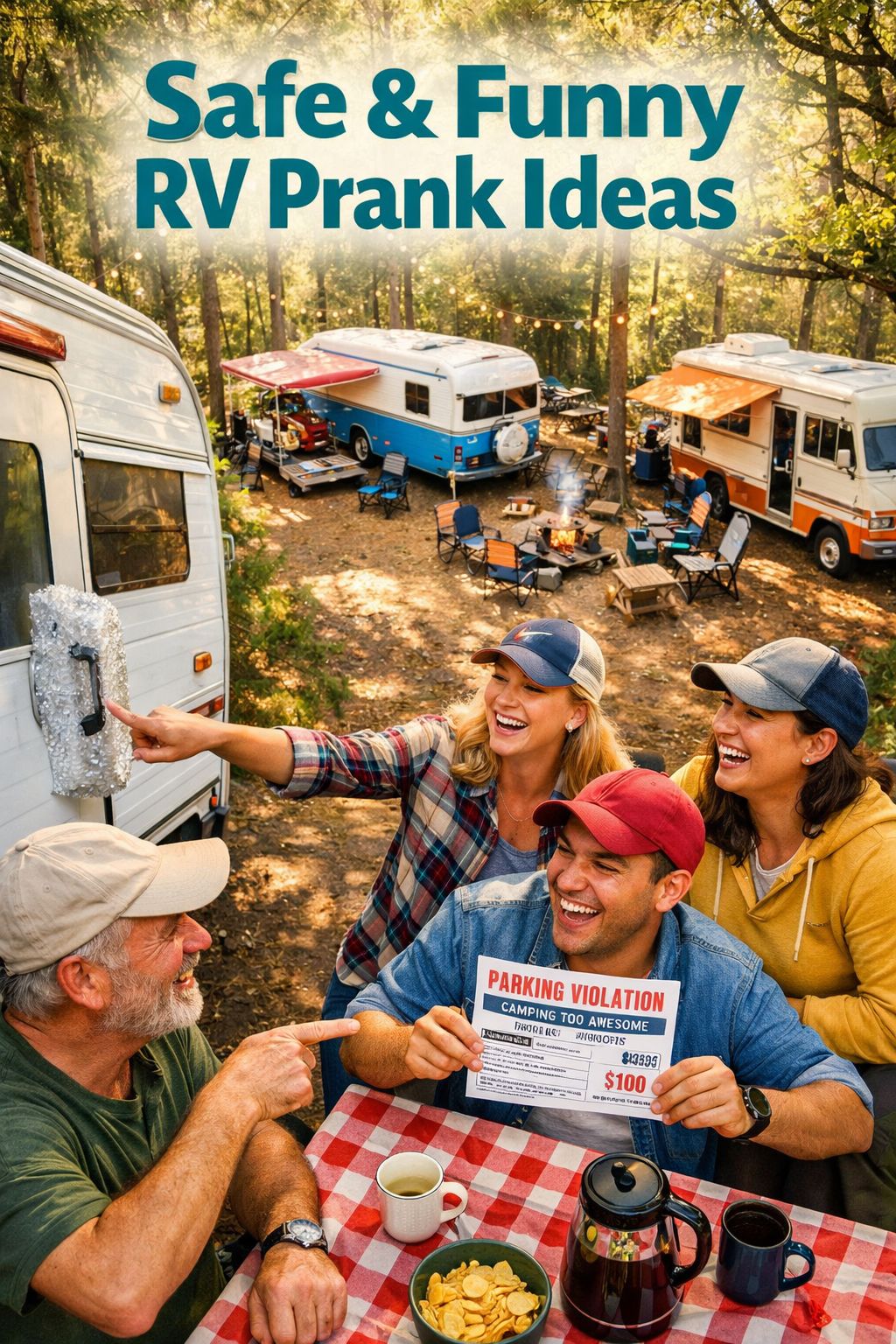 Portrait/Pinterest format () depicting a group of RV campers laughing around a picnic table, one person pointing at a