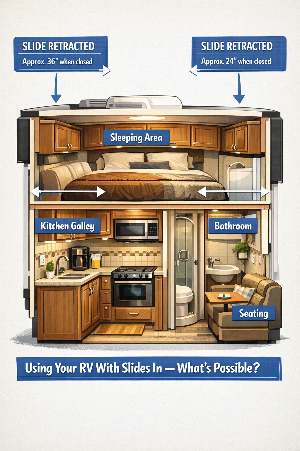 Portrait/Pinterest format () detailed illustration showing a cross-section cutaway diagram of a modern RV interior with