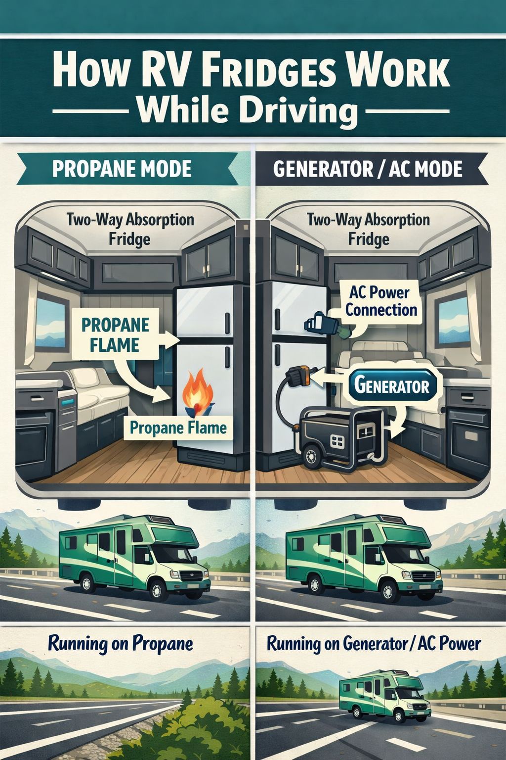 Portrait/Pinterest format () detailed infographic-style illustration showing the interior of an RV with a two-way absorption