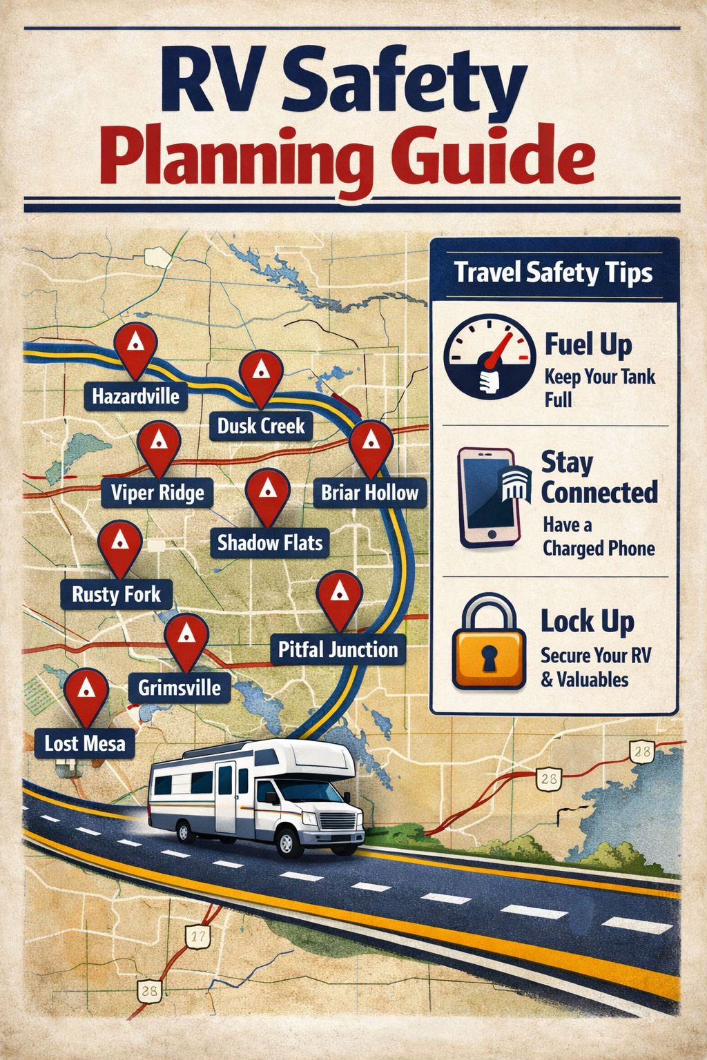 Portrait/Pinterest format () detailed infographic-style image showing a US road map with 10 small towns marked with red