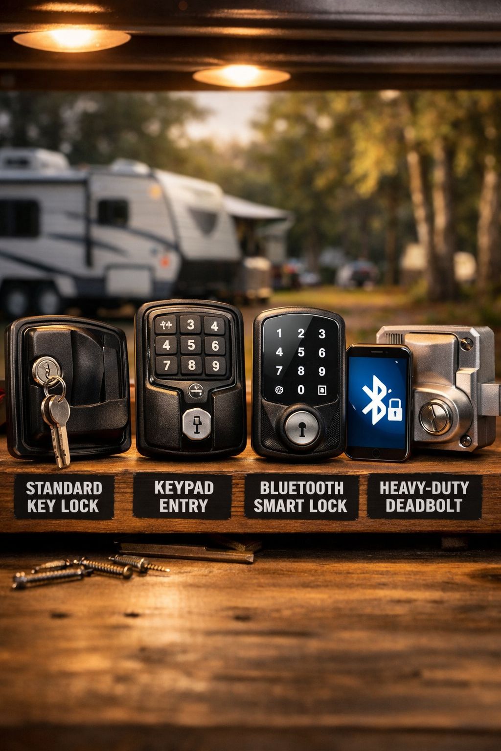 Portrait/Pinterest format () dramatic close-up product comparison image showing four RV door lock types side by side on a