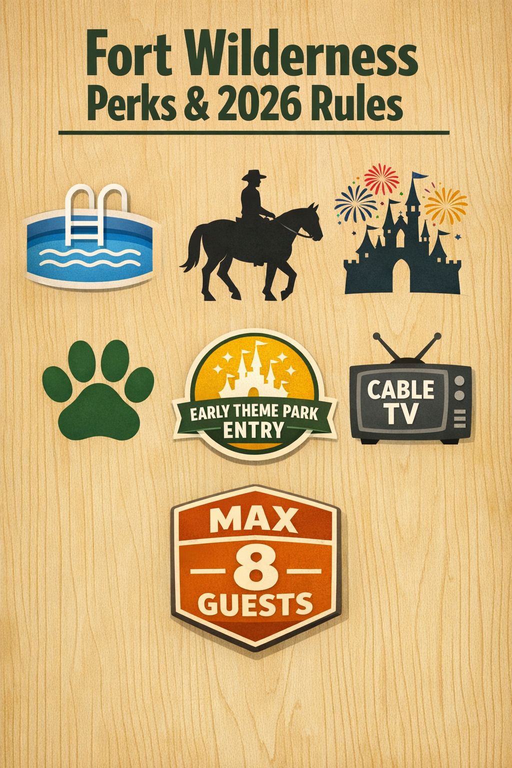 Portrait/Pinterest format () editorial flat-lay style infographic showing Fort Wilderness campsite amenity icons arranged in