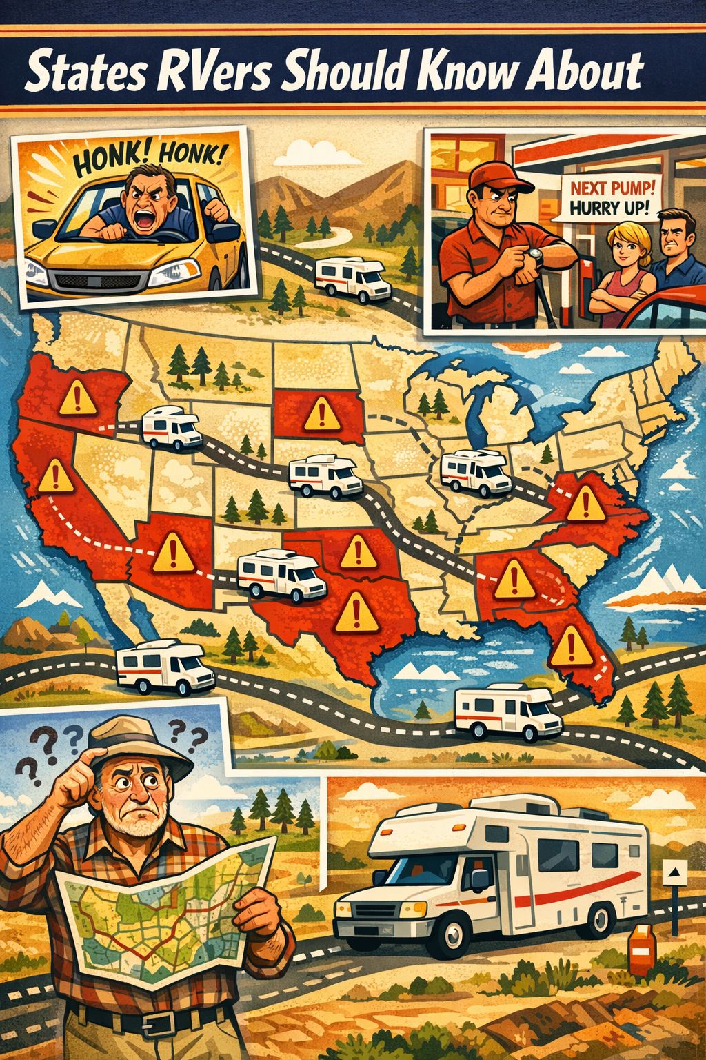 Portrait/Pinterest format () editorial illustration showing a colorful US map with 10 states highlighted in red with warning