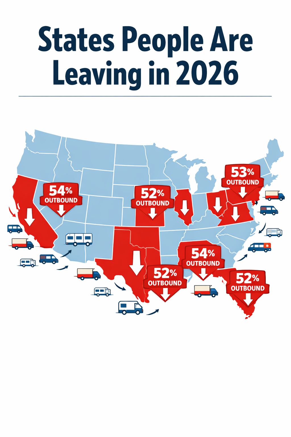 Portrait/Pinterest format () editorial illustration showing a colorful US map with 8 states highlighted in red with downward