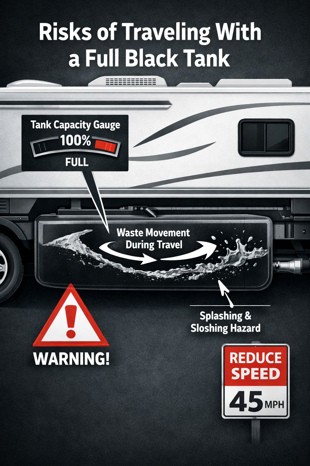 Portrait/Pinterest format () editorial illustration showing a cross-section diagram of an RV black water holding tank