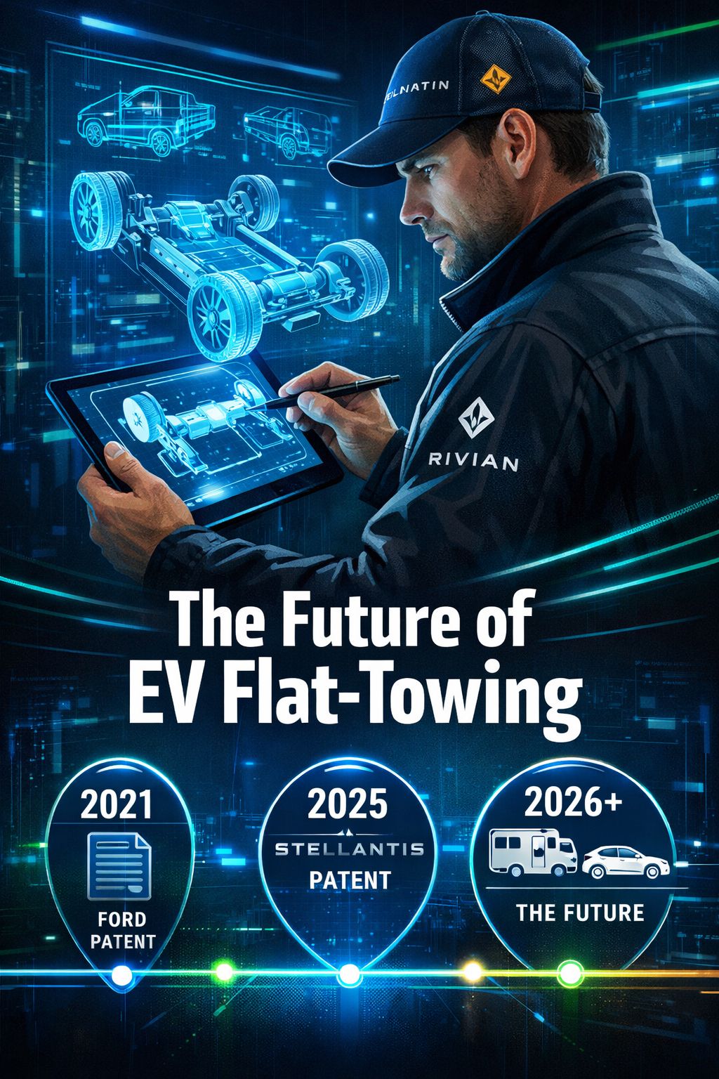Portrait/Pinterest format () editorial illustration showing a futuristic split-scene: top half features a Stellantis/Rivian