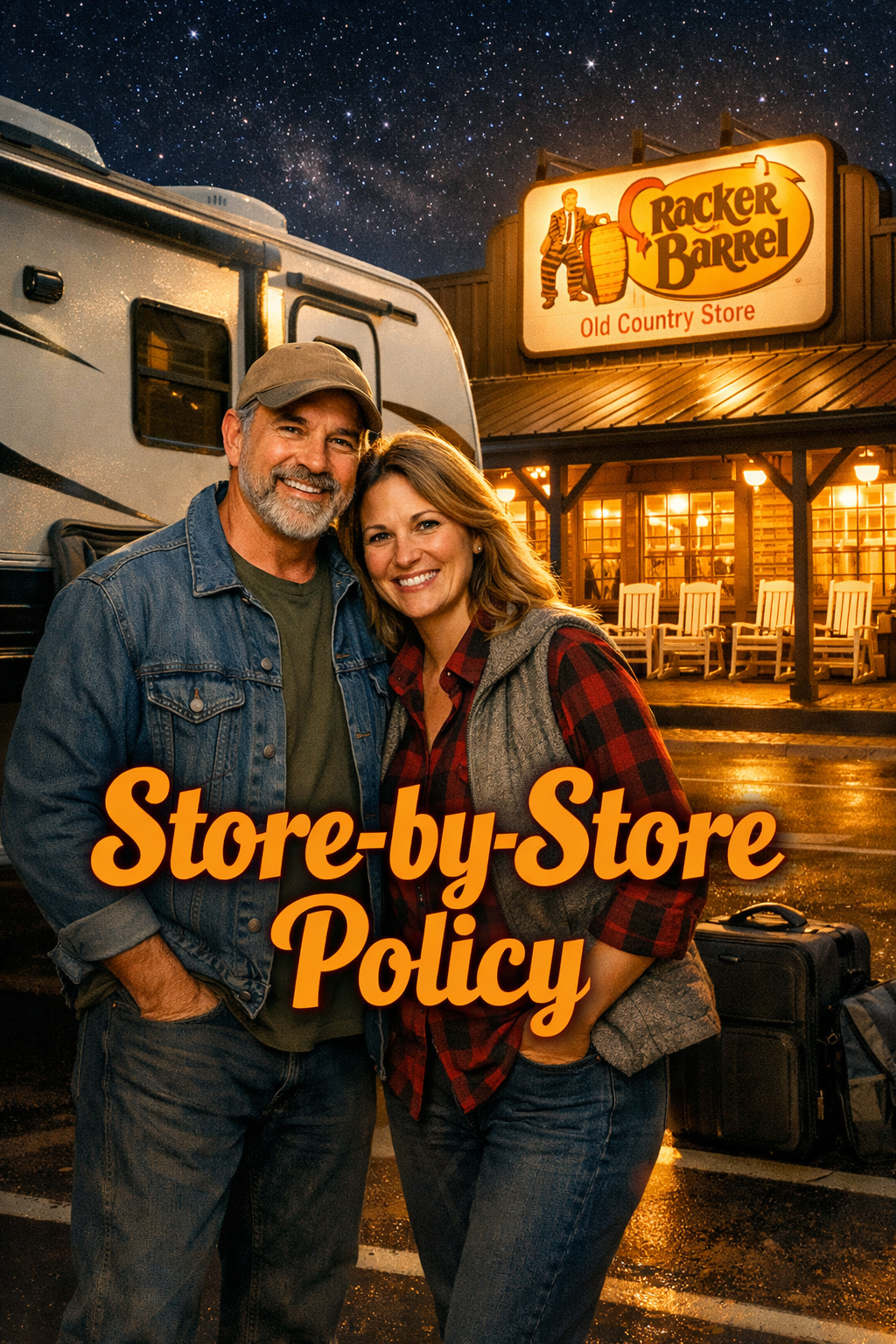 Portrait/Pinterest format () editorial illustration showing a smiling RV couple standing beside their travel trailer in a