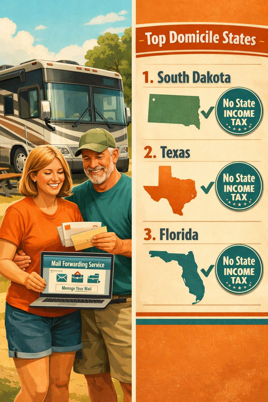 Portrait/Pinterest format () editorial illustration showing a split-scene composition: on the left, a cheerful full-time