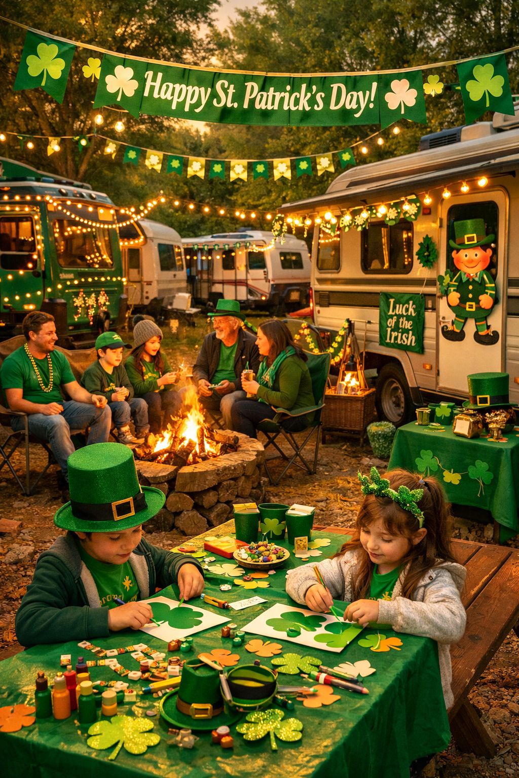 Portrait/Pinterest format () editorial image showing a colorful RV campground decorated with green shamrock flags and St.