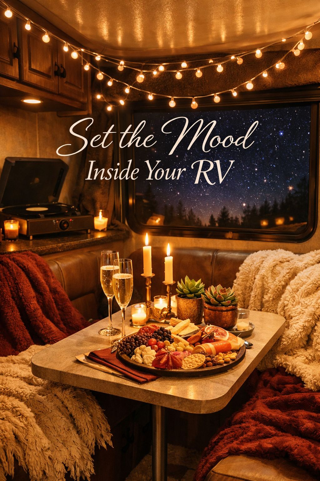 Portrait/Pinterest format () editorial image showing a cozy RV interior transformed for a romantic date night — string fairy