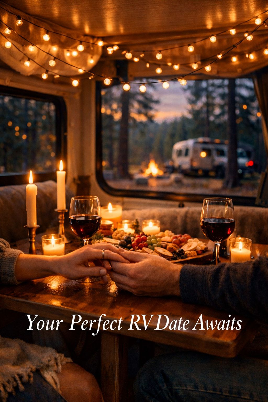 Portrait/Pinterest format () editorial image showing a cozy RV interior transformed into a romantic date setting — string