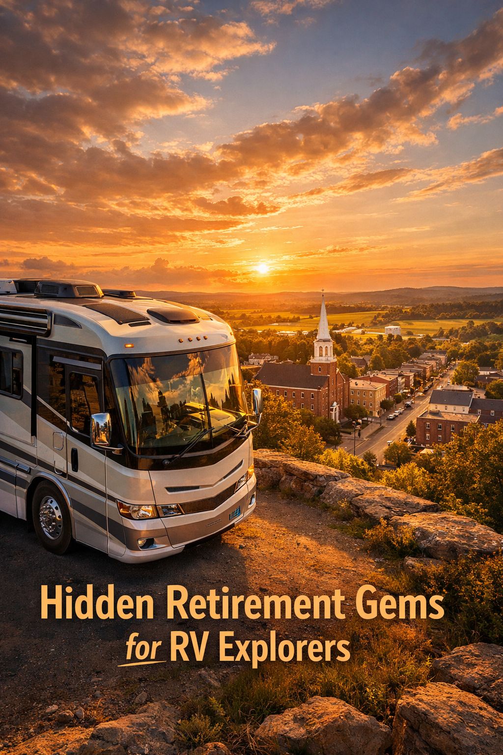 Portrait/Pinterest format () editorial image showing a gleaming white and silver Class A motorhome parked on a scenic