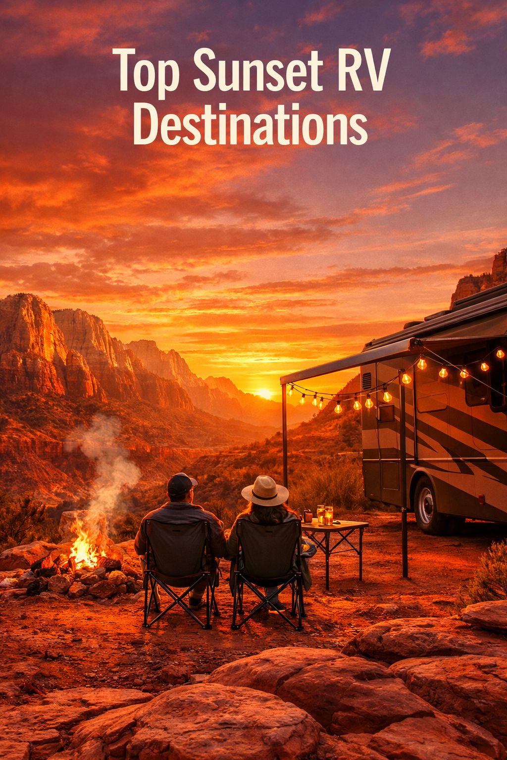 Portrait/Pinterest format () editorial image showing a stunning panoramic sunset campground scene at Zion National Park with