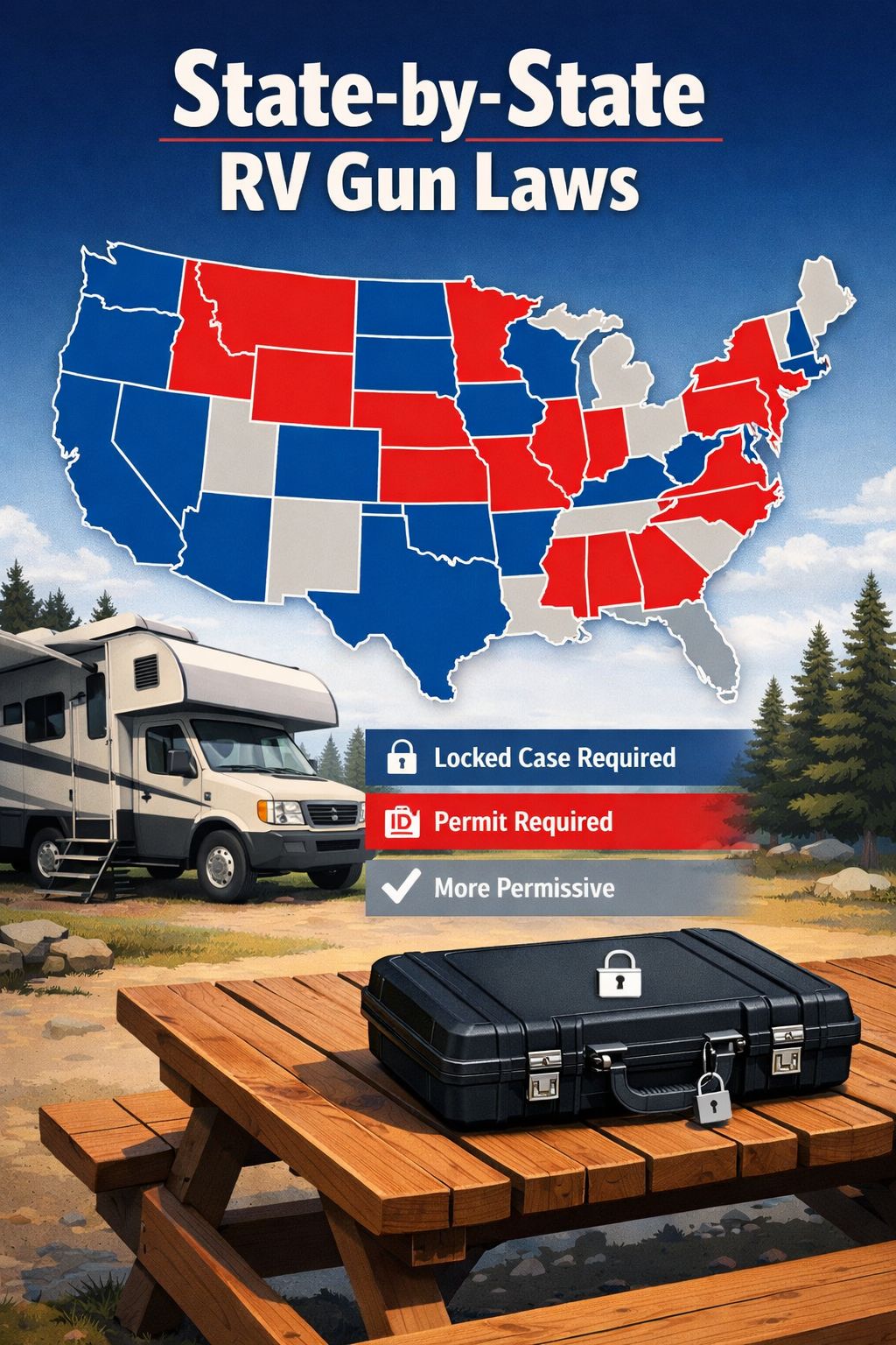 Portrait/Pinterest format () editorial infographic illustration showing a US map with color-coded states indicating