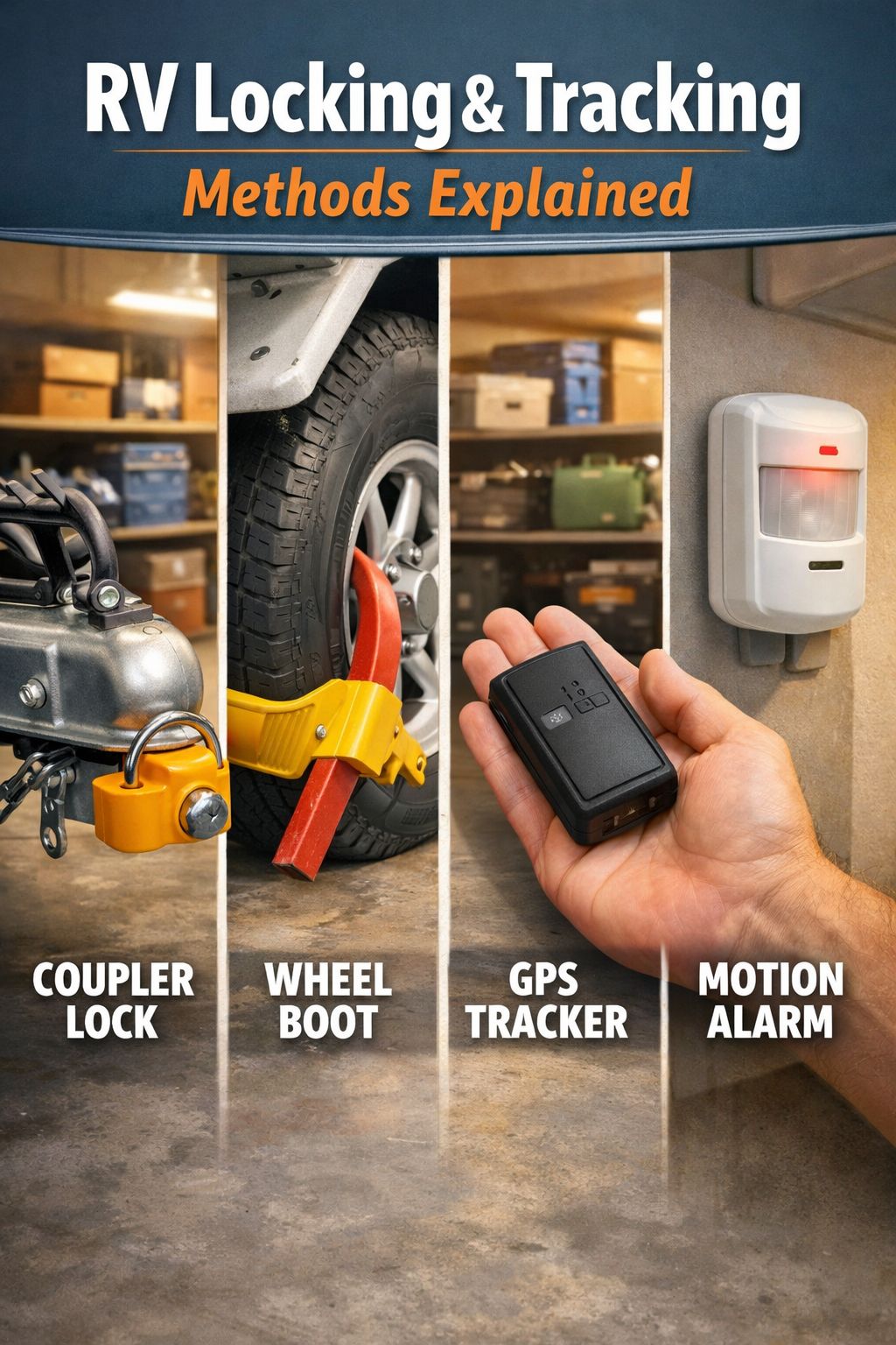 Portrait/Pinterest format () editorial infographic illustration showing four RV security methods side by side: a coupler