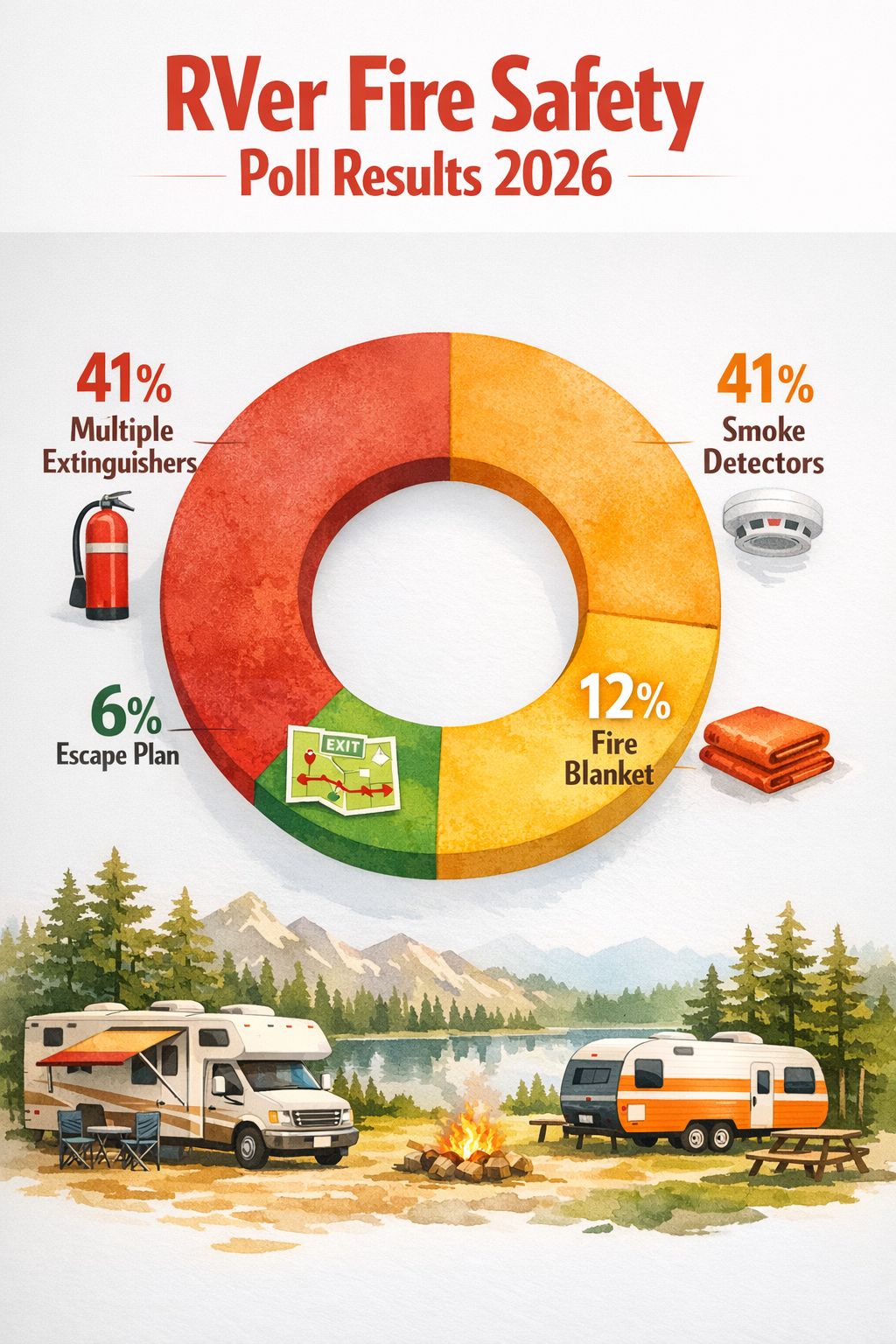 Portrait/Pinterest format () editorial infographic showing RV fire safety poll results as a colorful donut chart: Multiple