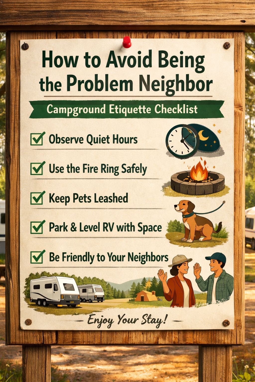 Portrait/Pinterest format () editorial infographic-style image showing a campground etiquette checklist pinned to a wooden