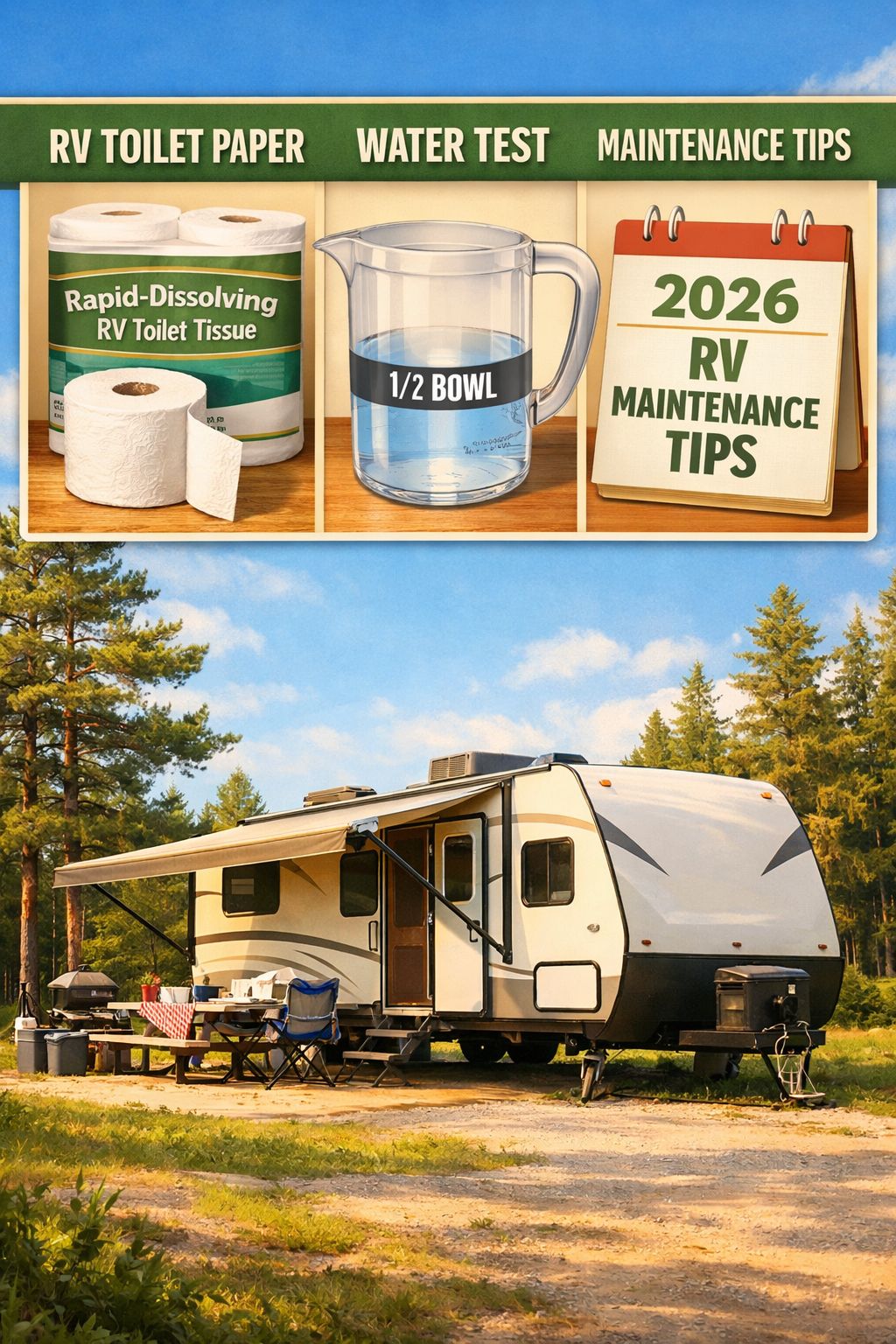 Portrait/Pinterest format () editorial photo-illustration showing an RV parked at a sunny campsite with a close-up inset