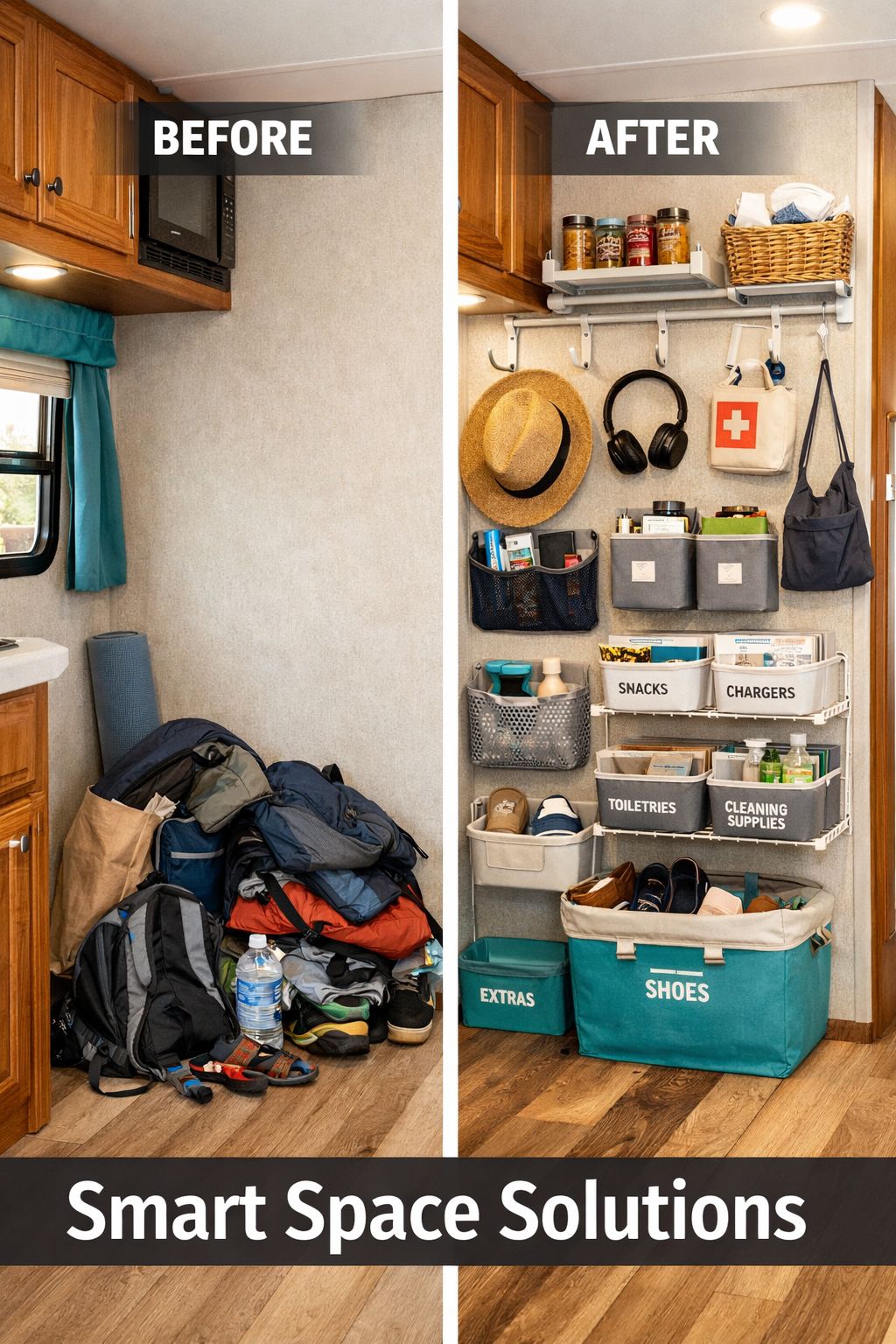 Portrait/Pinterest format () editorial photo showing the interior of a modern RV with dramatic before-and-after split