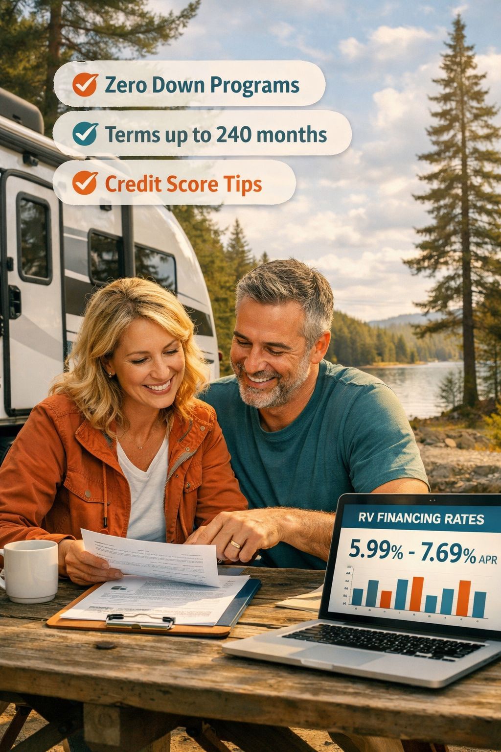 Portrait/Pinterest format () editorial scene showing a happy couple in their 40s sitting at an outdoor picnic table beside a