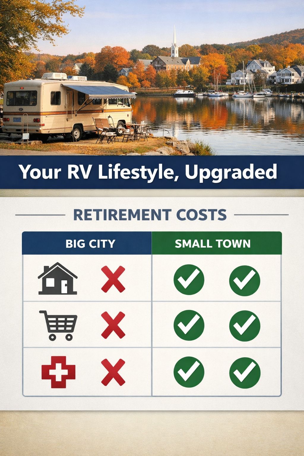 Portrait/Pinterest format () editorial split-panel image: top half shows a cozy small-town waterfront scene with a vintage