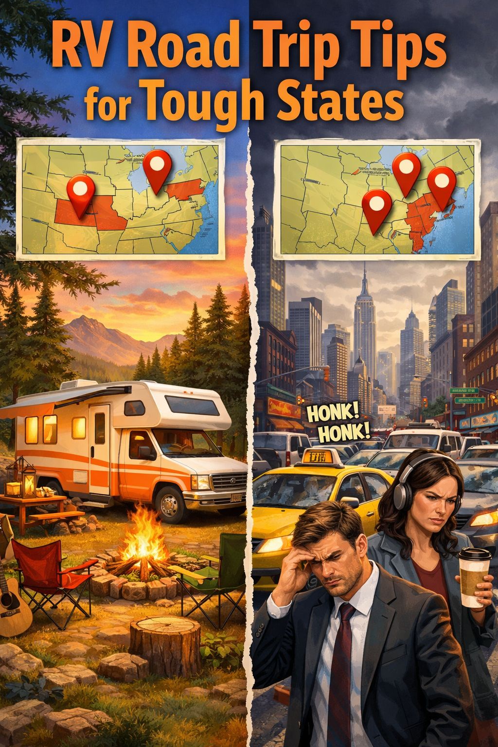 Portrait/Pinterest format () editorial travel scene showing a cheerful RV parked at a scenic campground with a friendly