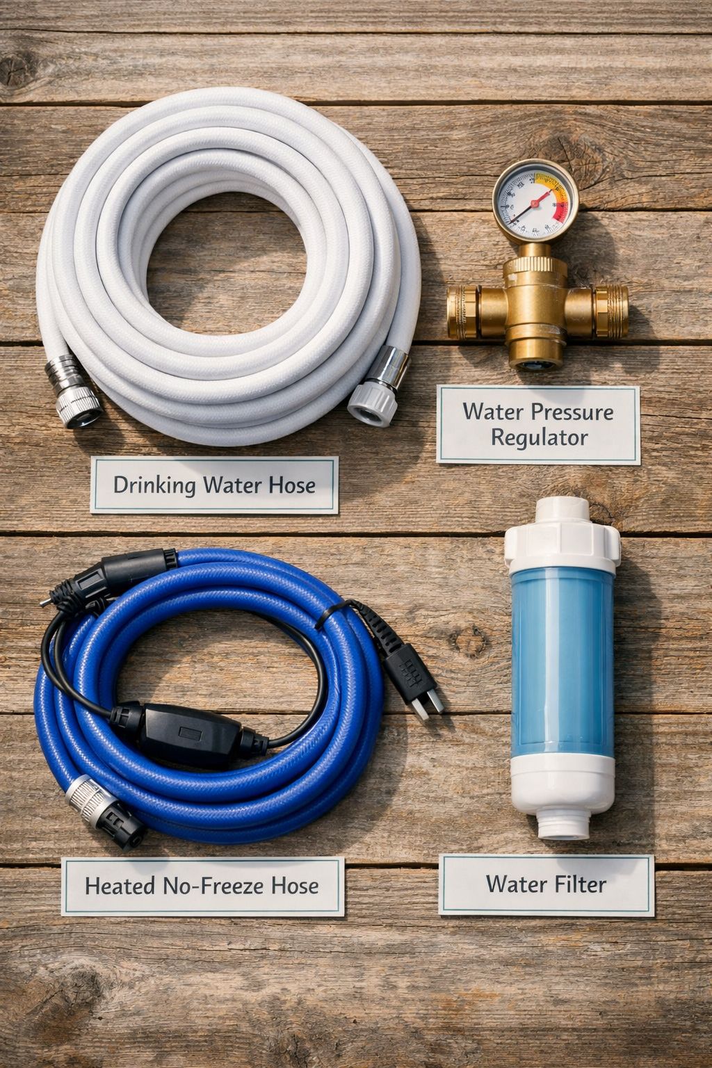 Portrait/Pinterest format () flat-lay overhead shot on a rustic wooden surface showing essential RV water accessories: a