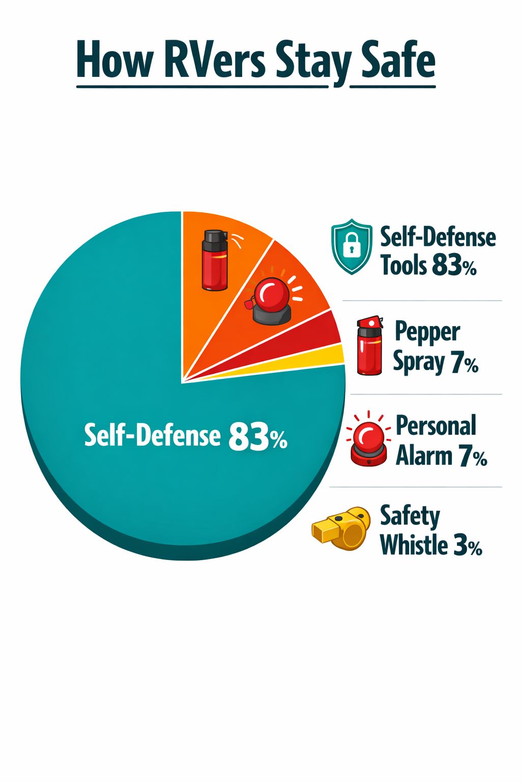 Portrait/Pinterest format () infographic-style illustration showing a colorful pie chart breaking down RV personal safety