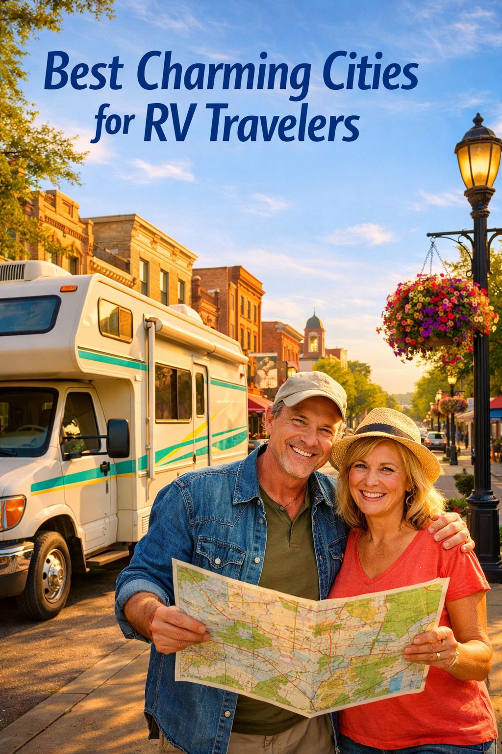 Portrait/Pinterest format () showing a cheerful RV parked on a wide, tree-lined boulevard in a charming American small city,