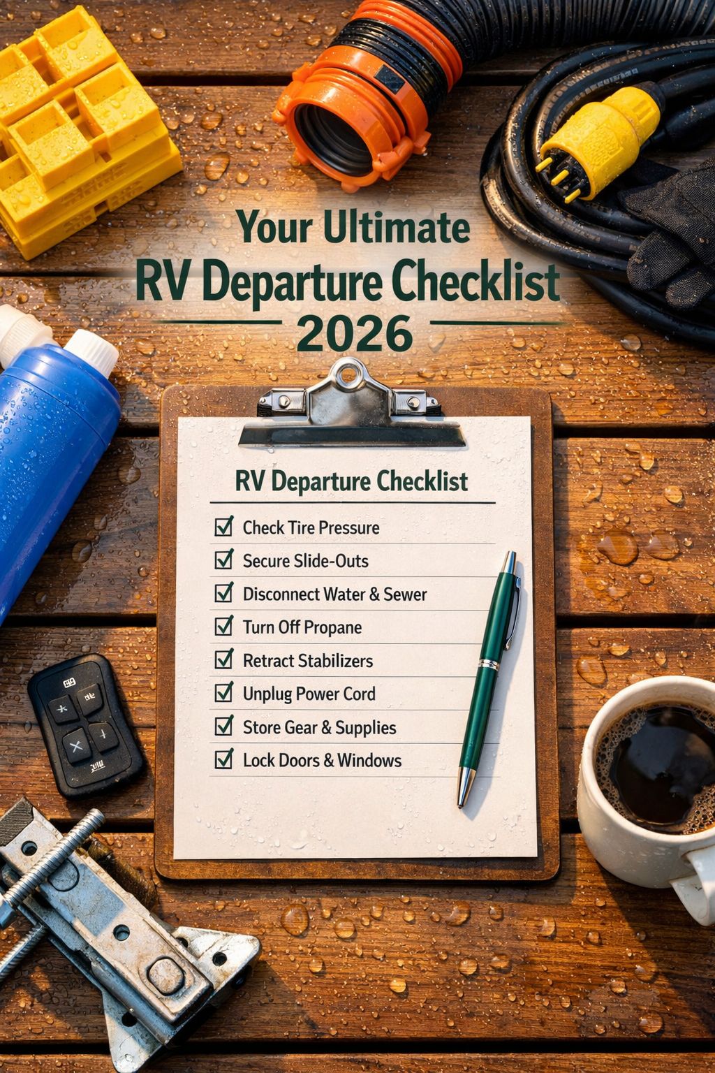 Portrait/Pinterest format () showing a close-up flat-lay overhead shot of an RV departure checklist on a wooden picnic table