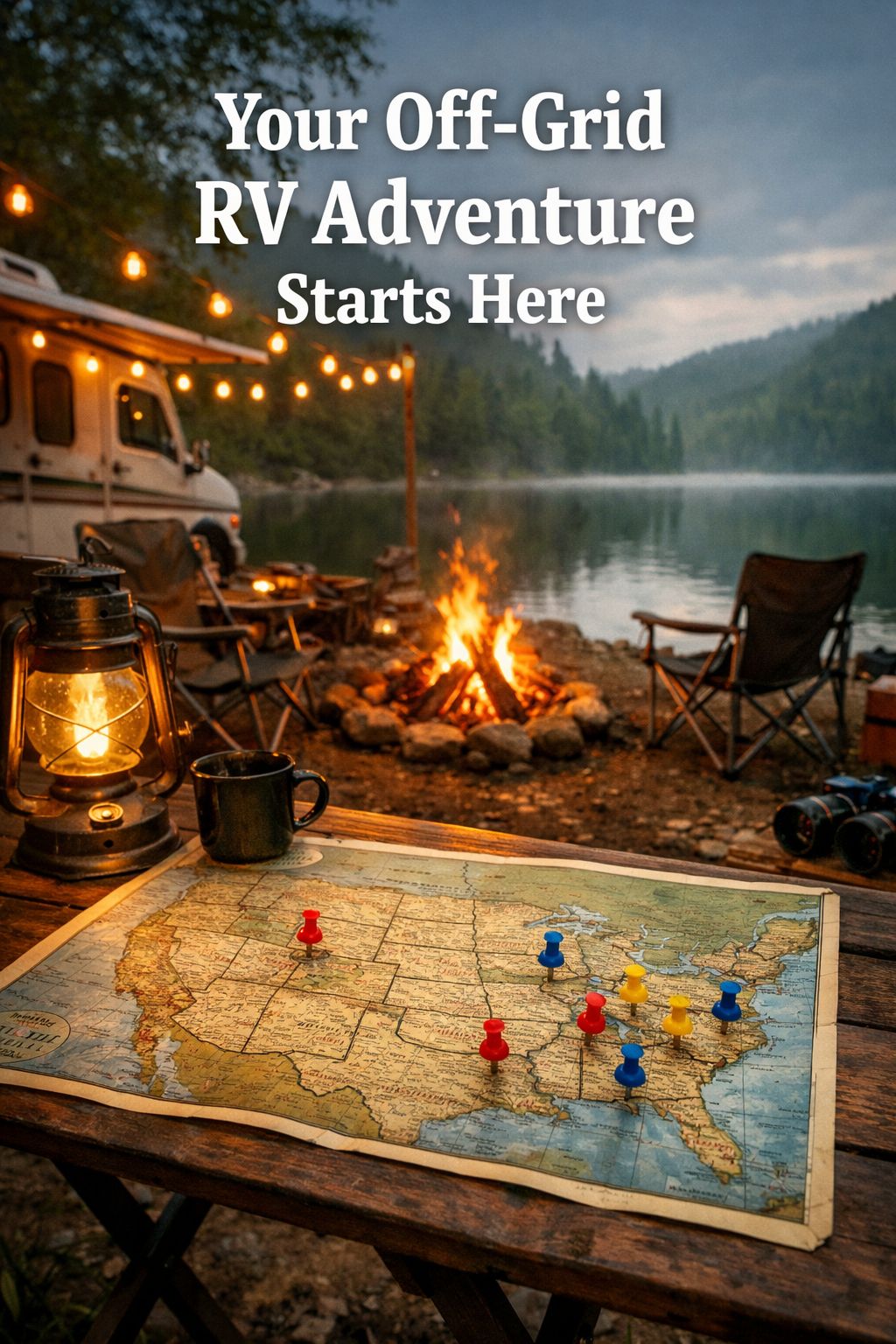 Portrait/Pinterest format () showing a close-up ground-level perspective of an RV campsite beside a glassy lake with a