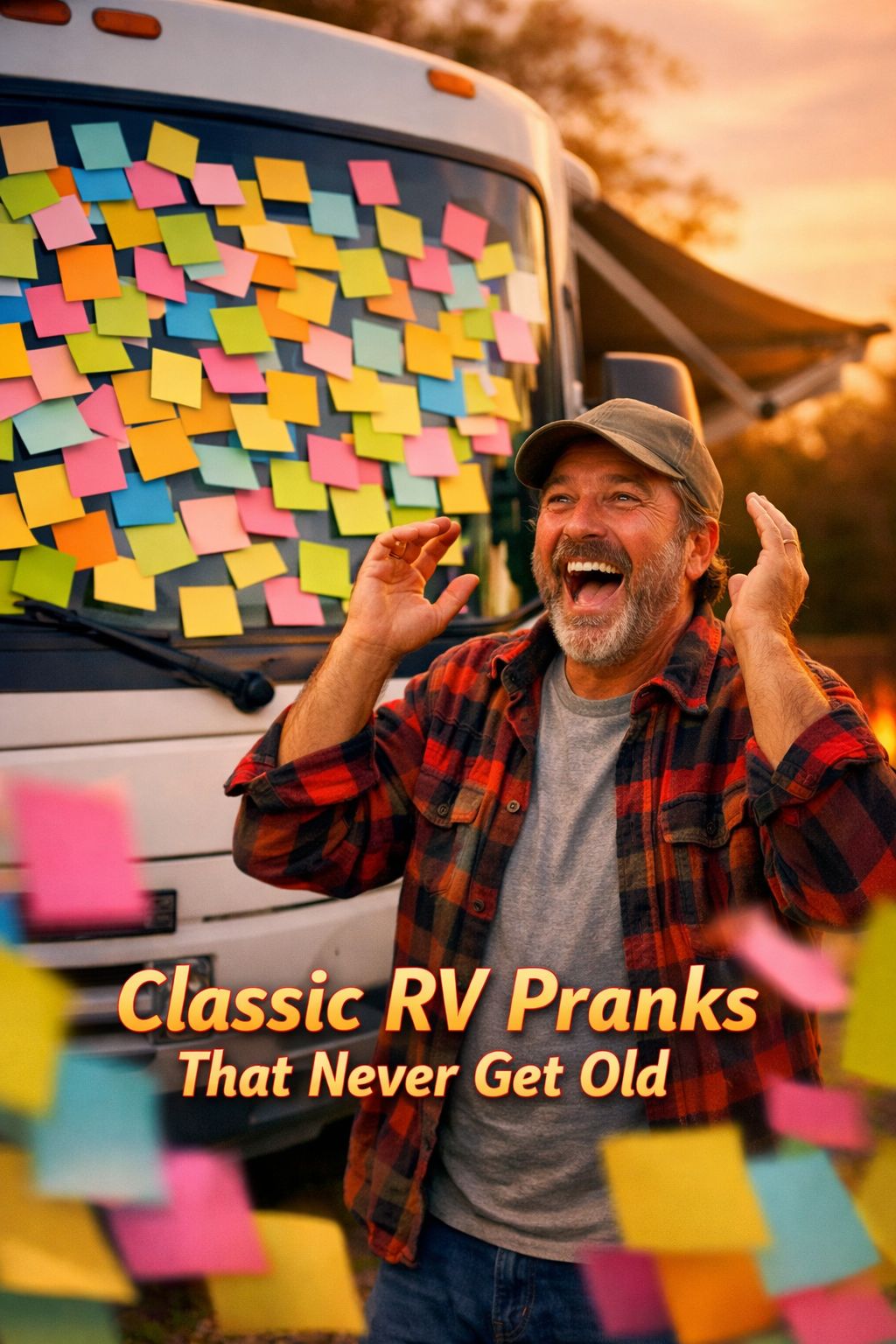 Portrait/Pinterest format () showing a close-up of a campsite scene where a laughing RV owner discovers a windshield