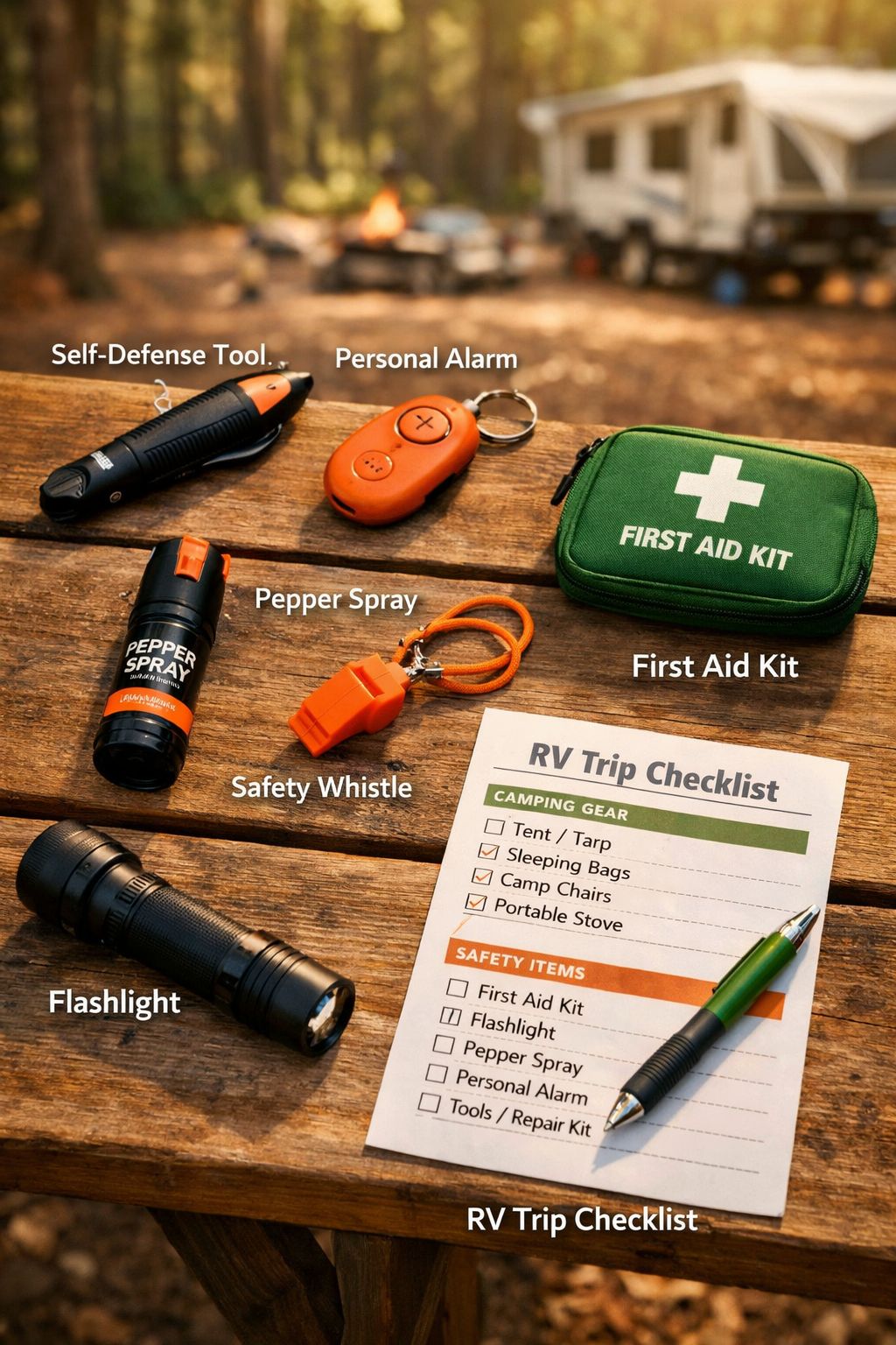 Portrait/Pinterest format () showing a close-up overhead flat-lay of an RV safety kit spread on a wooden picnic table:
