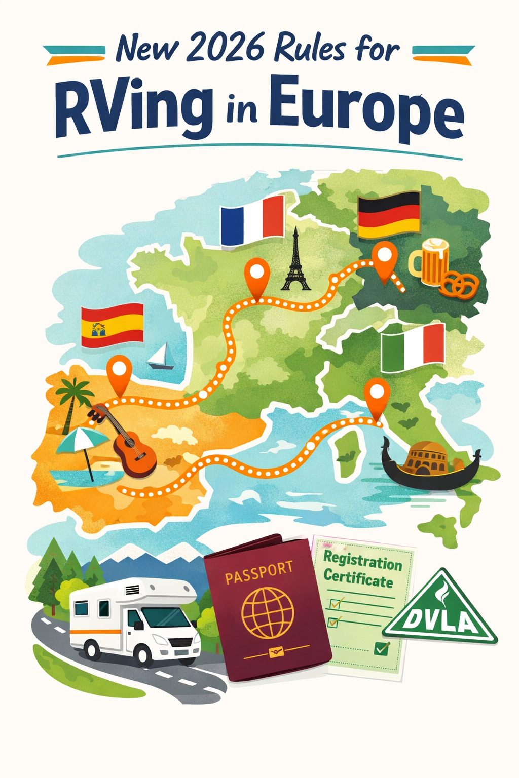 Portrait/Pinterest format () showing a colorful illustrated infographic-style scene: a European road map with dotted RV