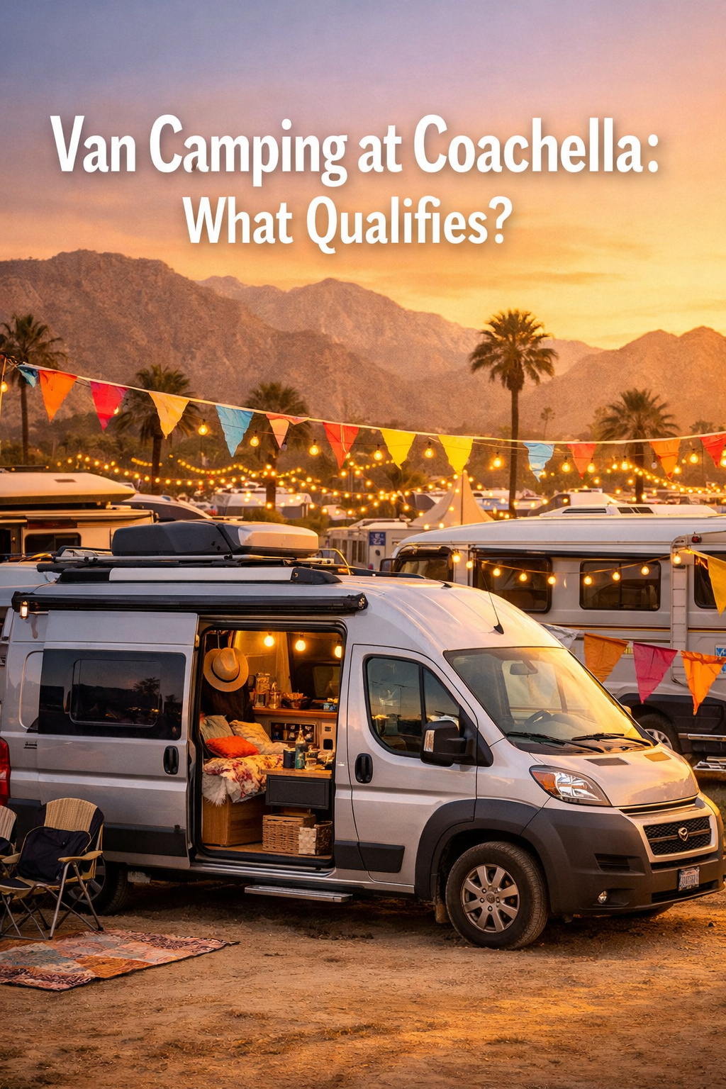 Portrait/Pinterest format () showing a compact Class B campervan parked in a festival van camping area surrounded by other
