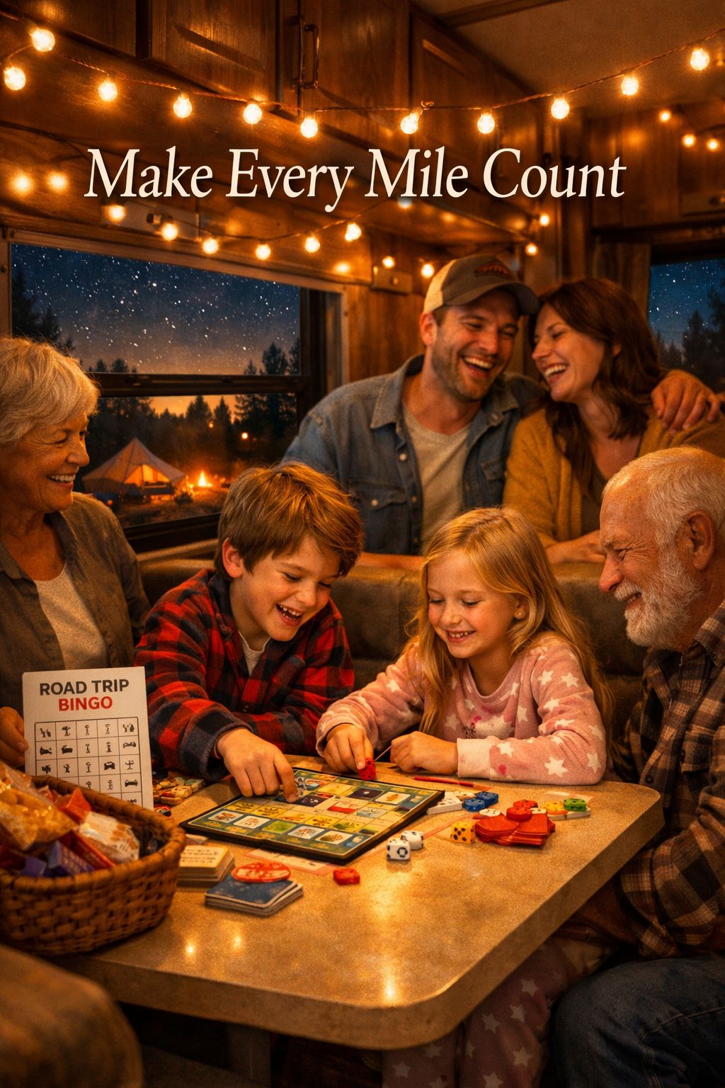 Portrait/Pinterest format () showing a joyful multi-generational family inside a cozy RV interior at dusk: kids in pajamas