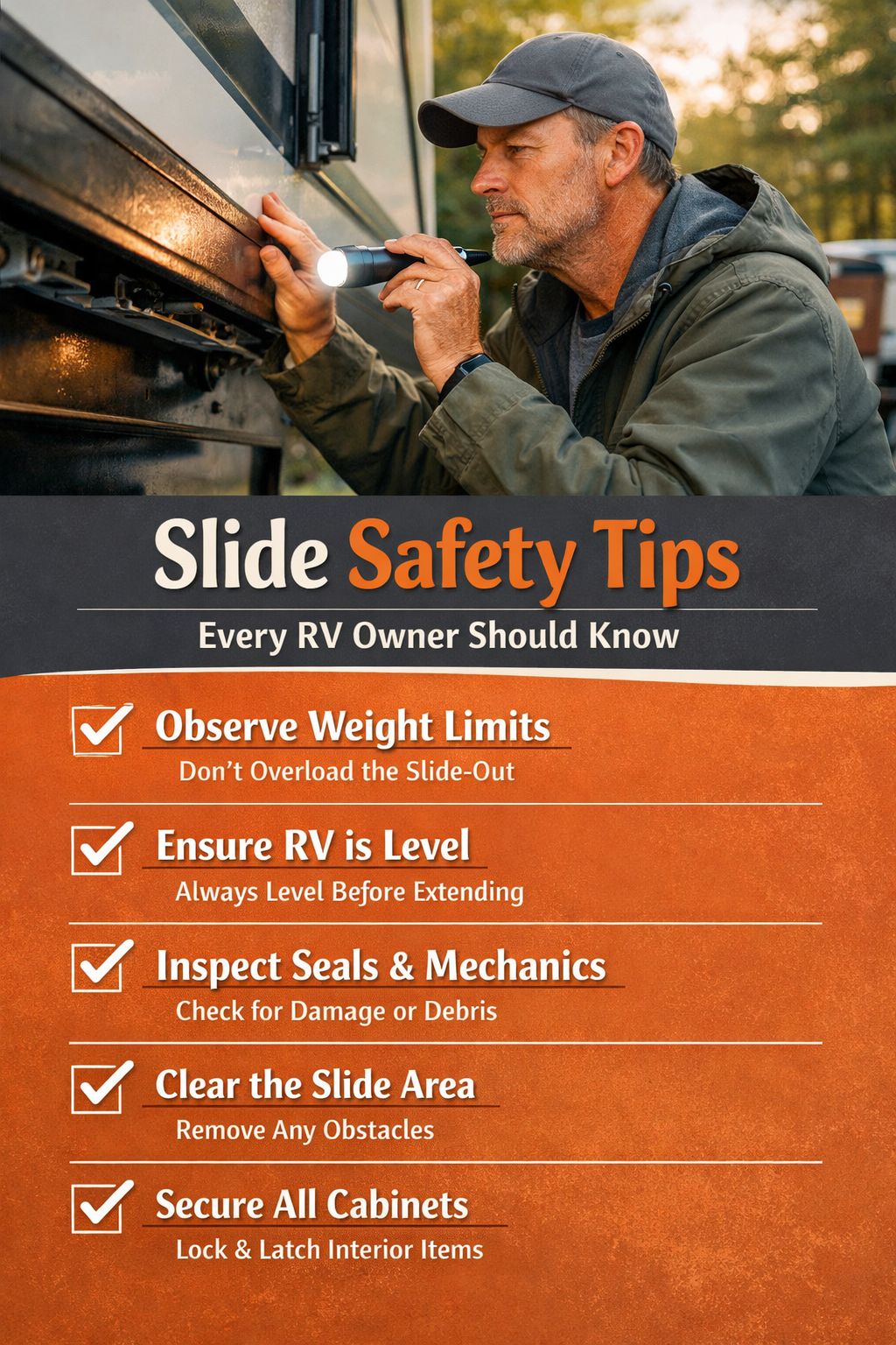 Portrait/Pinterest format () showing a split-scene comparison image: top half depicts an RV owner carefully checking