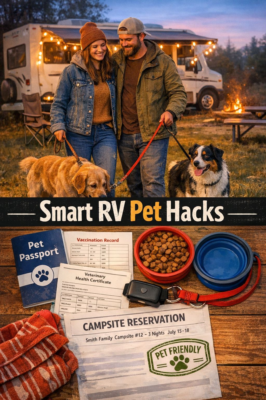 Portrait/Pinterest format () showing a split-scene composition: top half features a smiling couple at a pet-friendly